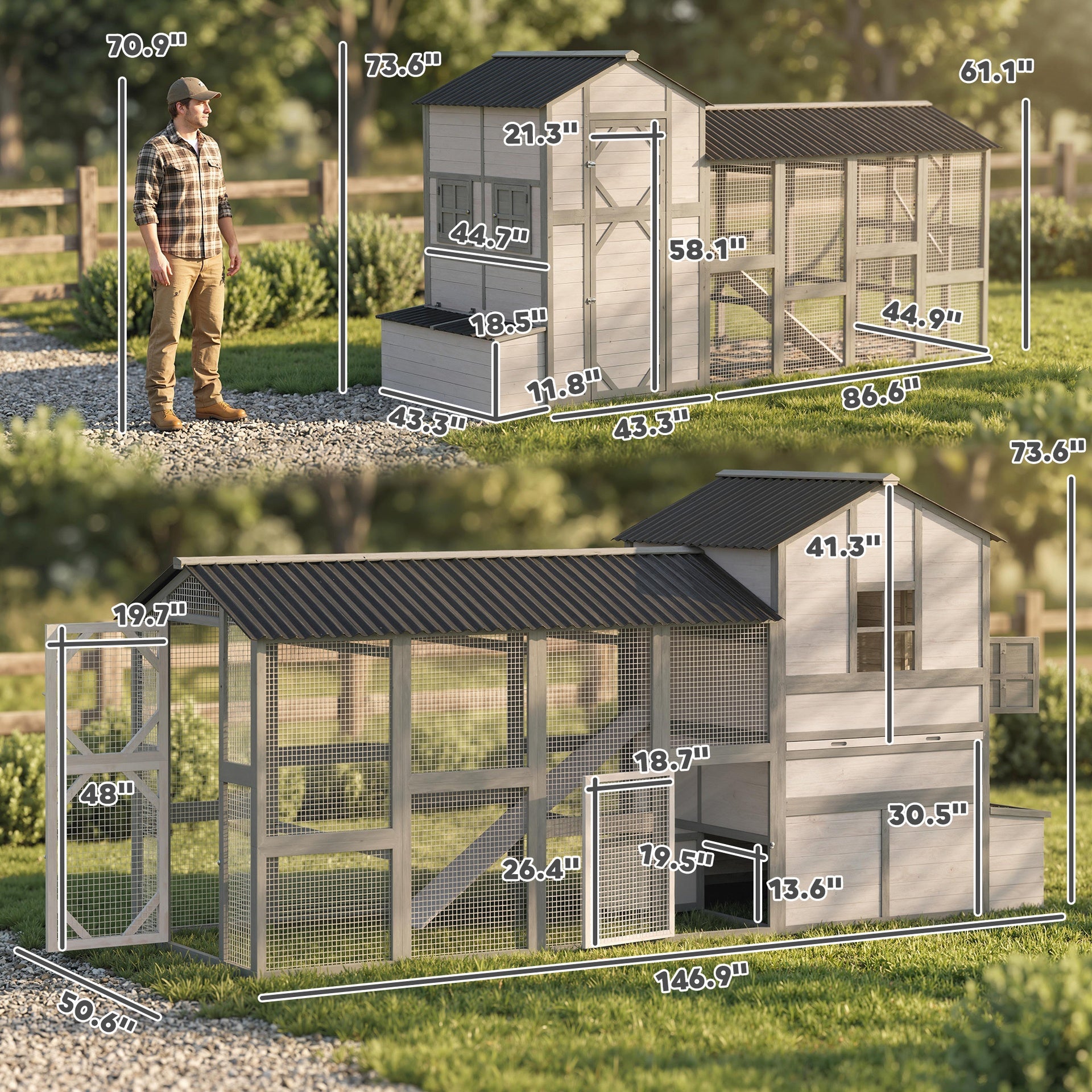 PawHut 147" Extra Wooden Large Chicken Coop with Run for 8–10 Hens, Predator-Proof Mesh, Gray