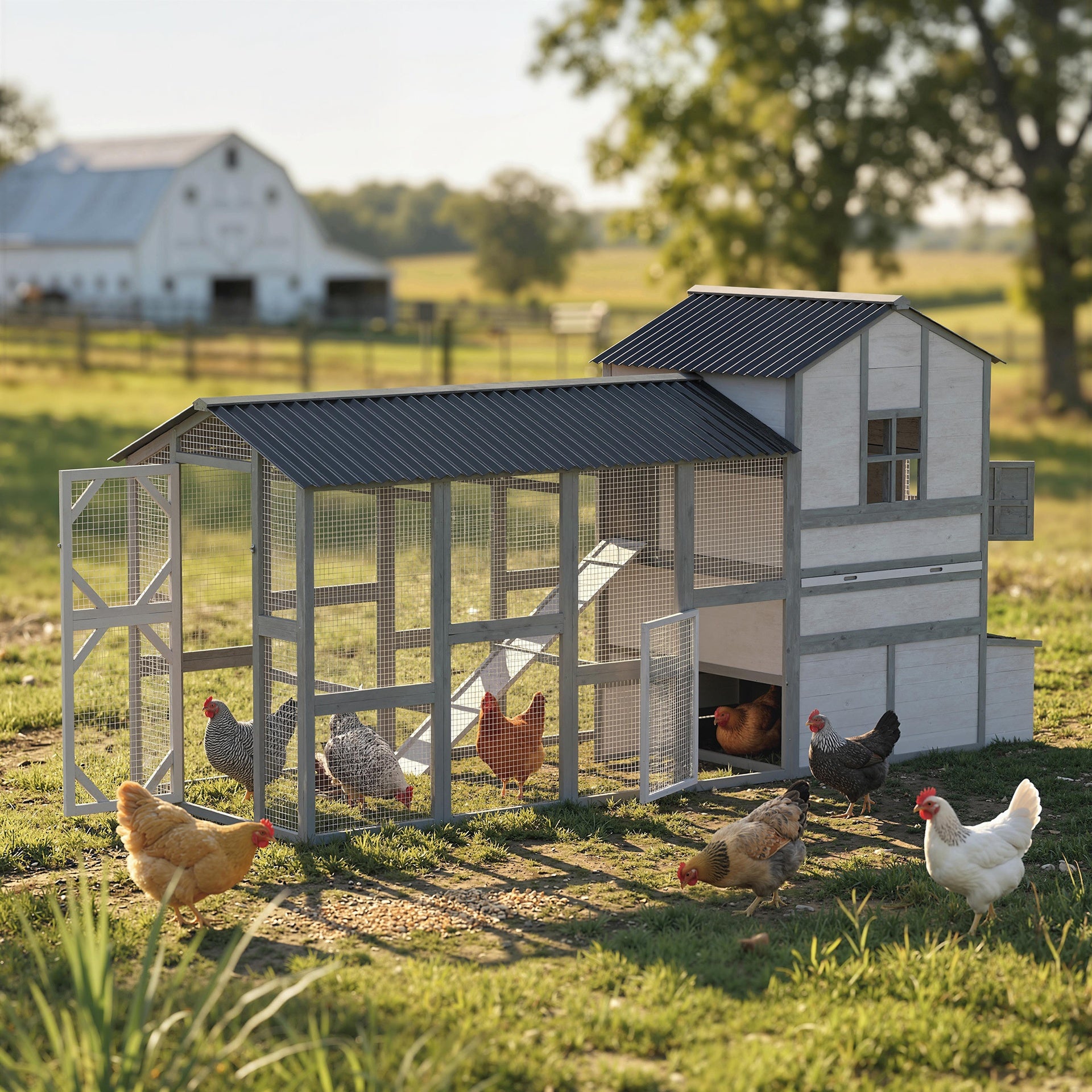 PawHut 147" Extra Wooden Large Chicken Coop with Run for 8–10 Hens, Predator-Proof Mesh, Gray