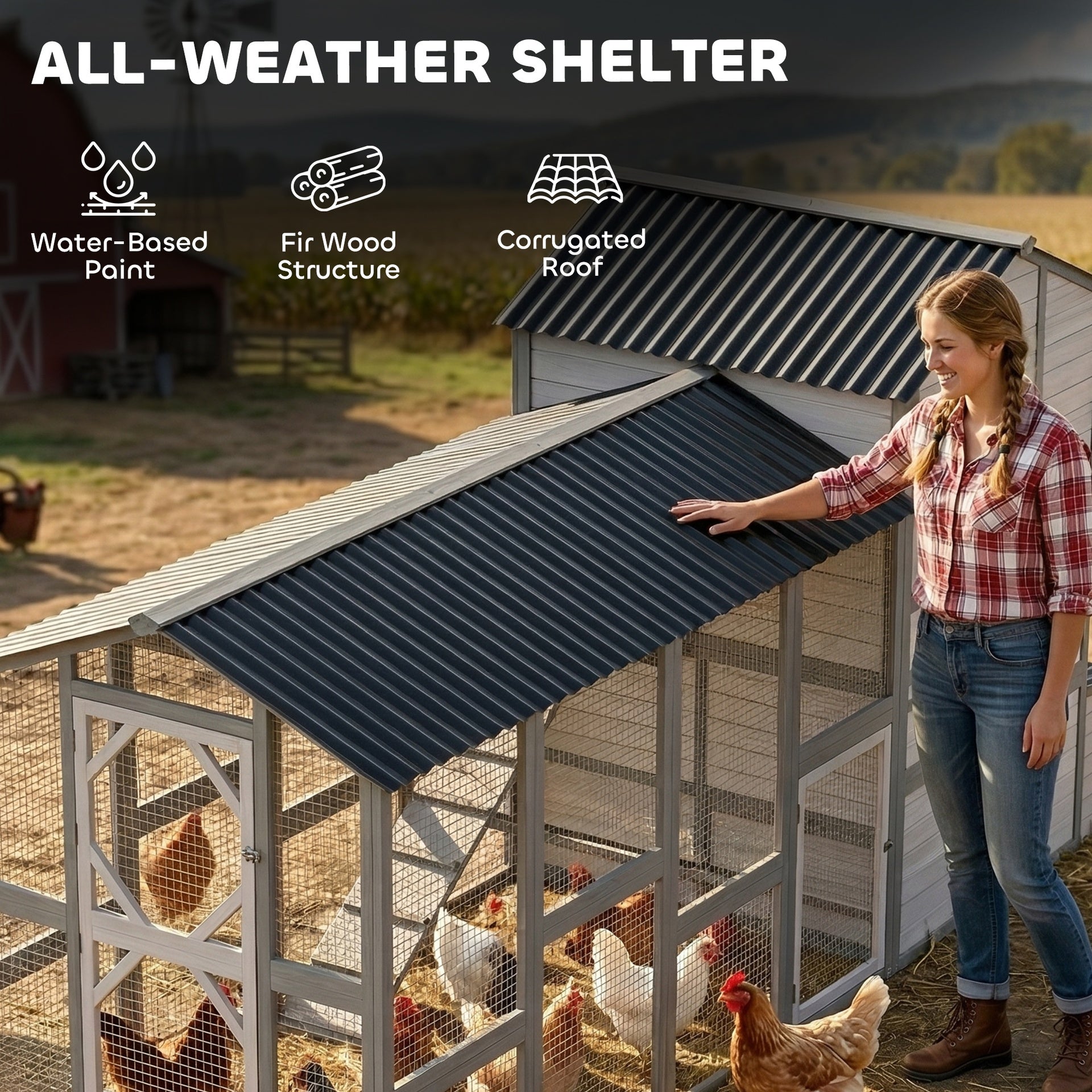 PawHut 147" Extra Wooden Large Chicken Coop with Run for 8–10 Hens, Predator-Proof Mesh, Gray
