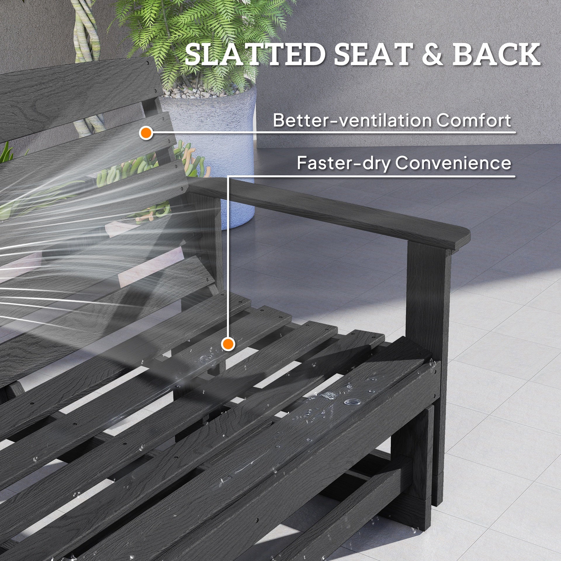 Outsunny Patio Glider Bench w/ HDPE Slatted Double Rocking Chair, Distressed Black