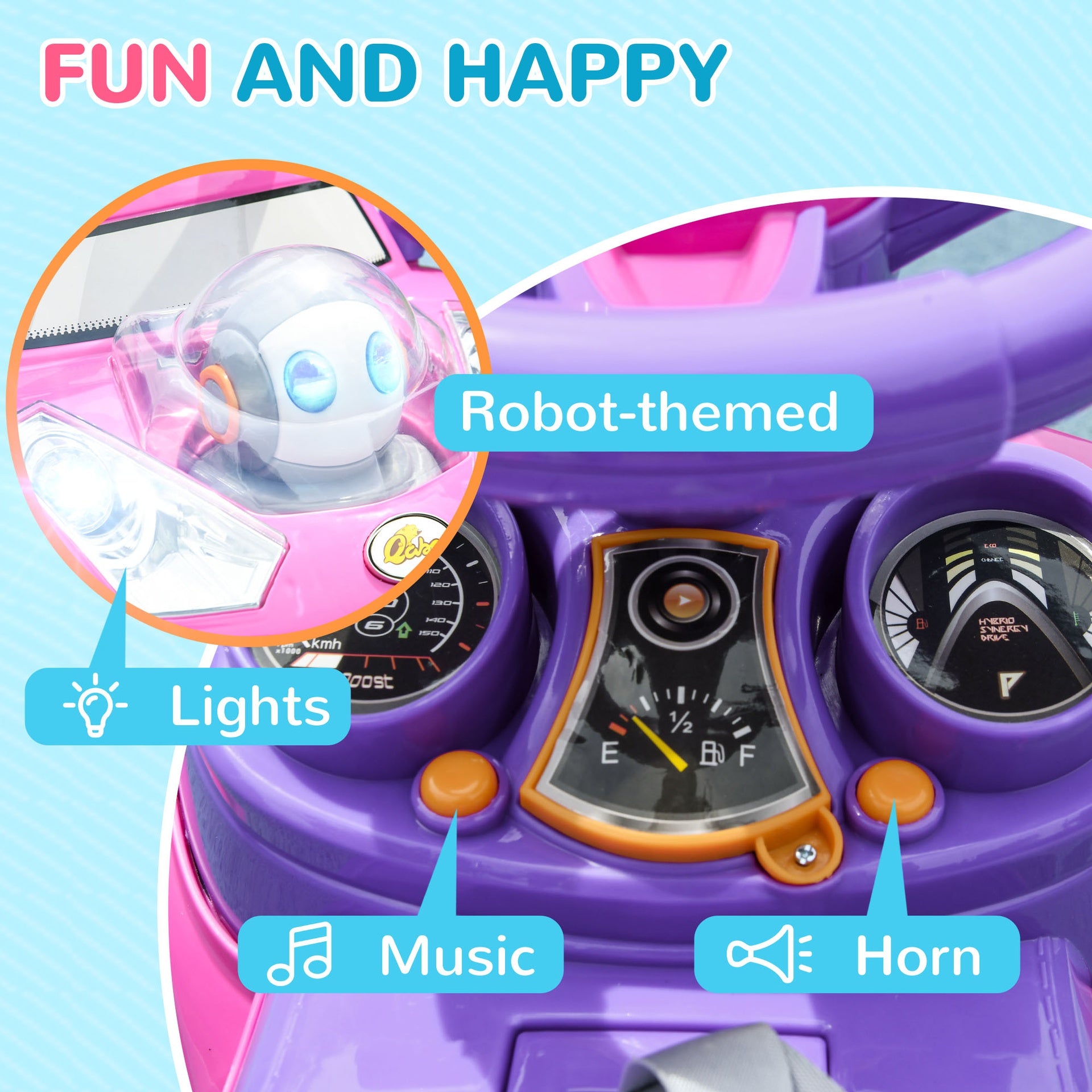 Qaba 3 in 1 Push Car Sliding Car with Removable Handle, Music, Horn, Canopy, Safety Guardrail, Pink