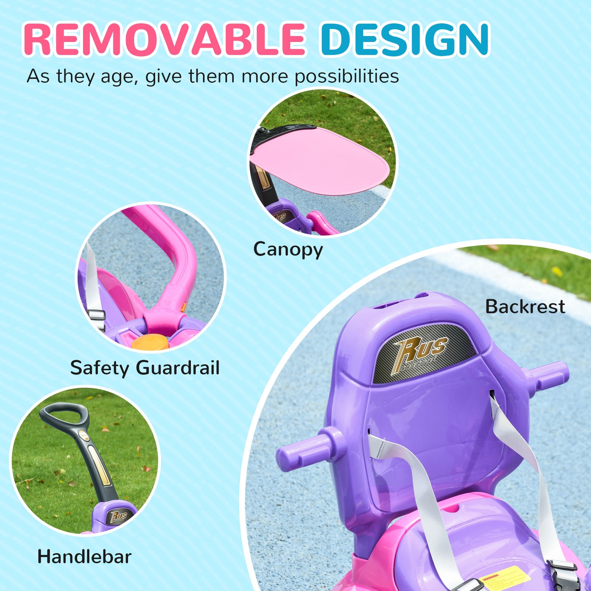 Qaba 3 in 1 Push Car Sliding Car with Removable Handle, Music, Horn, Canopy, Safety Guardrail, Pink