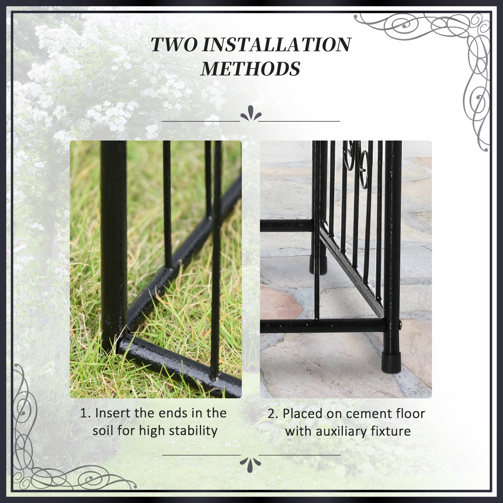 Outsunny 86" Garden Arch Arbor, Metal Arch Trellis with Gate and Planter Baskets, Garden Archway for Climbing Vines, Wedding Ceremony Decoration, Flourishes & Arrow Tips, Black