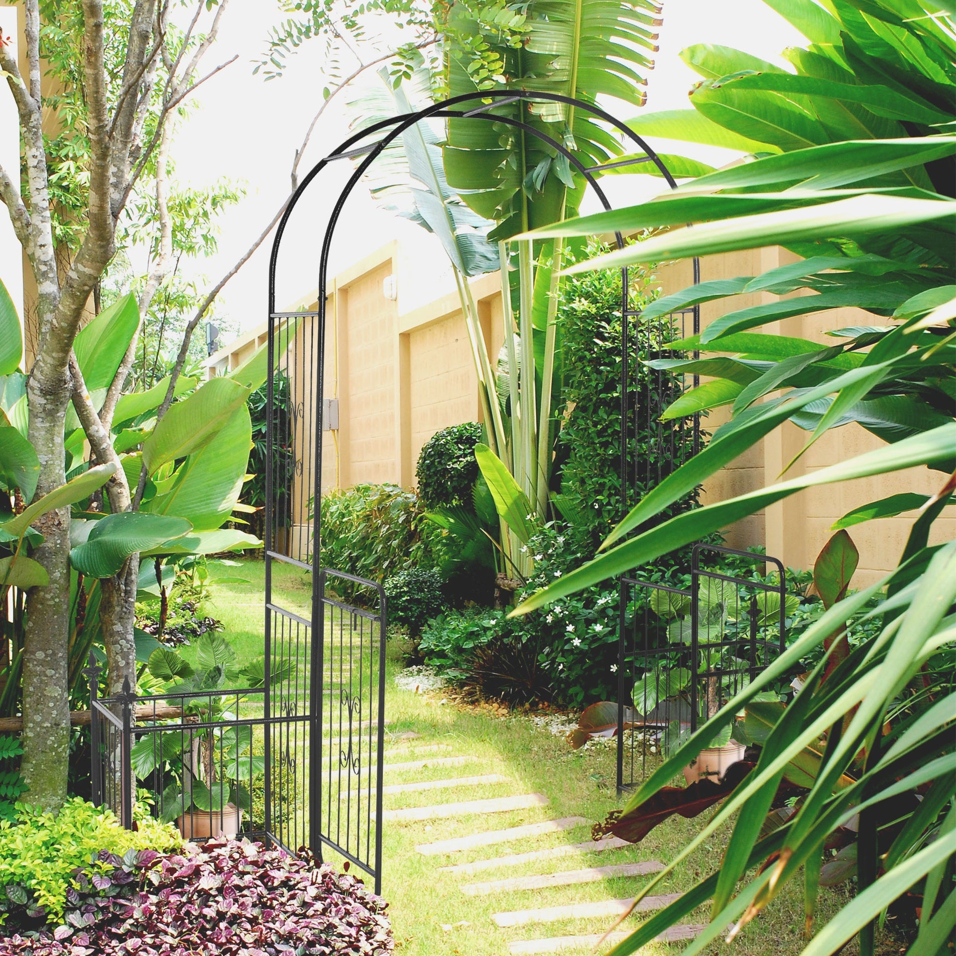 Outsunny 86" Garden Arch Arbor, Metal Arch Trellis with Gate and Planter Baskets, Garden Archway for Climbing Vines, Wedding Ceremony Decoration, Flourishes & Arrow Tips, Black