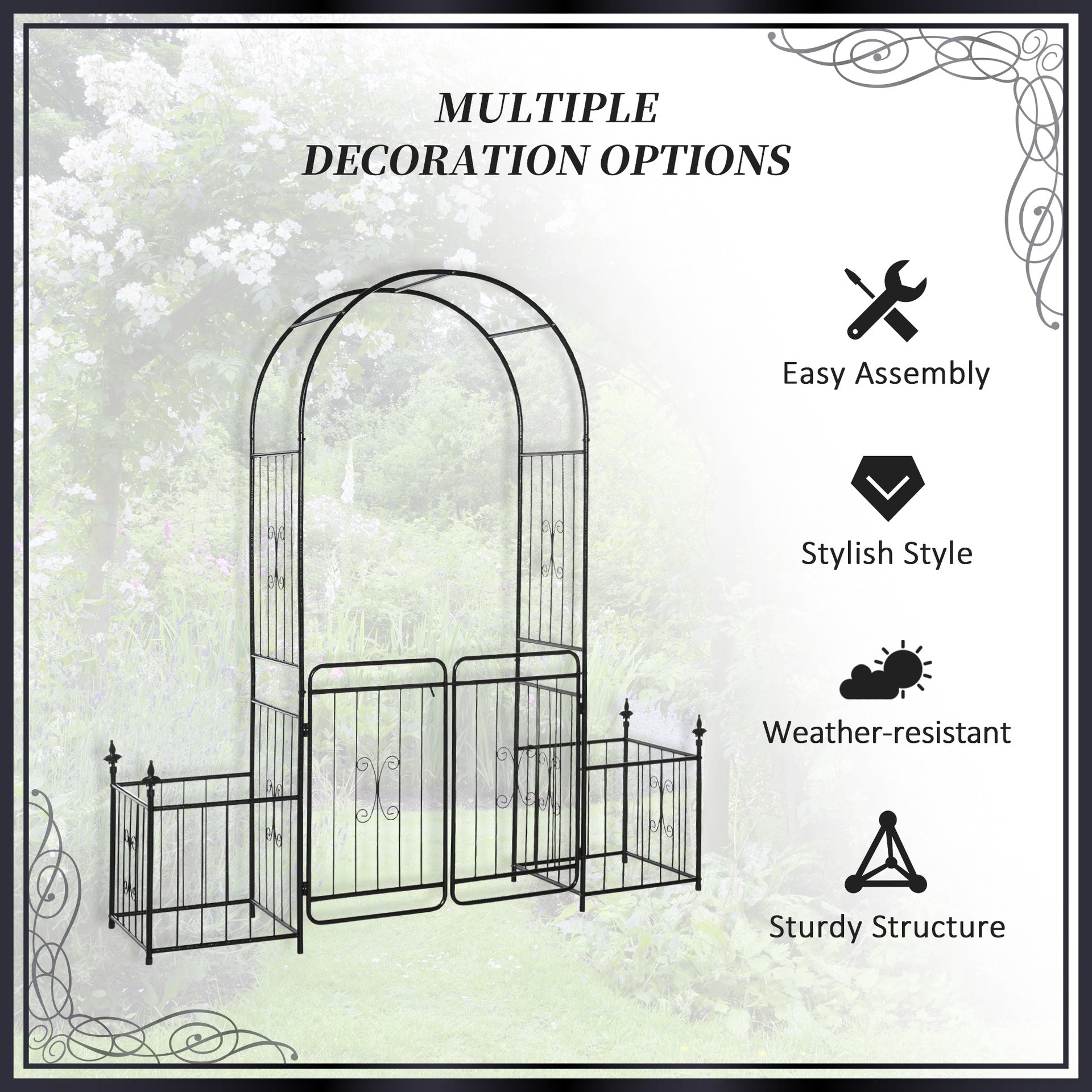 Outsunny 86" Garden Arch Arbor, Metal Arch Trellis with Gate and Planter Baskets, Garden Archway for Climbing Vines, Wedding Ceremony Decoration, Flourishes & Arrow Tips, Black