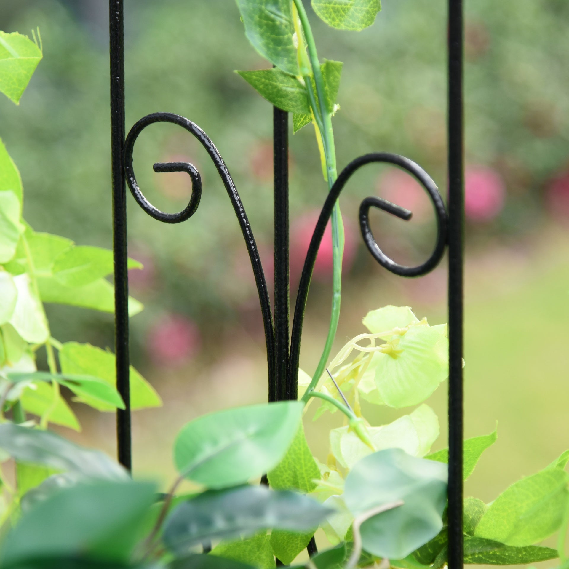 Outsunny 86" Garden Arch Arbor, Metal Arch Trellis with Gate and Planter Baskets, Garden Archway for Climbing Vines, Wedding Ceremony Decoration, Flourishes & Arrow Tips, Black