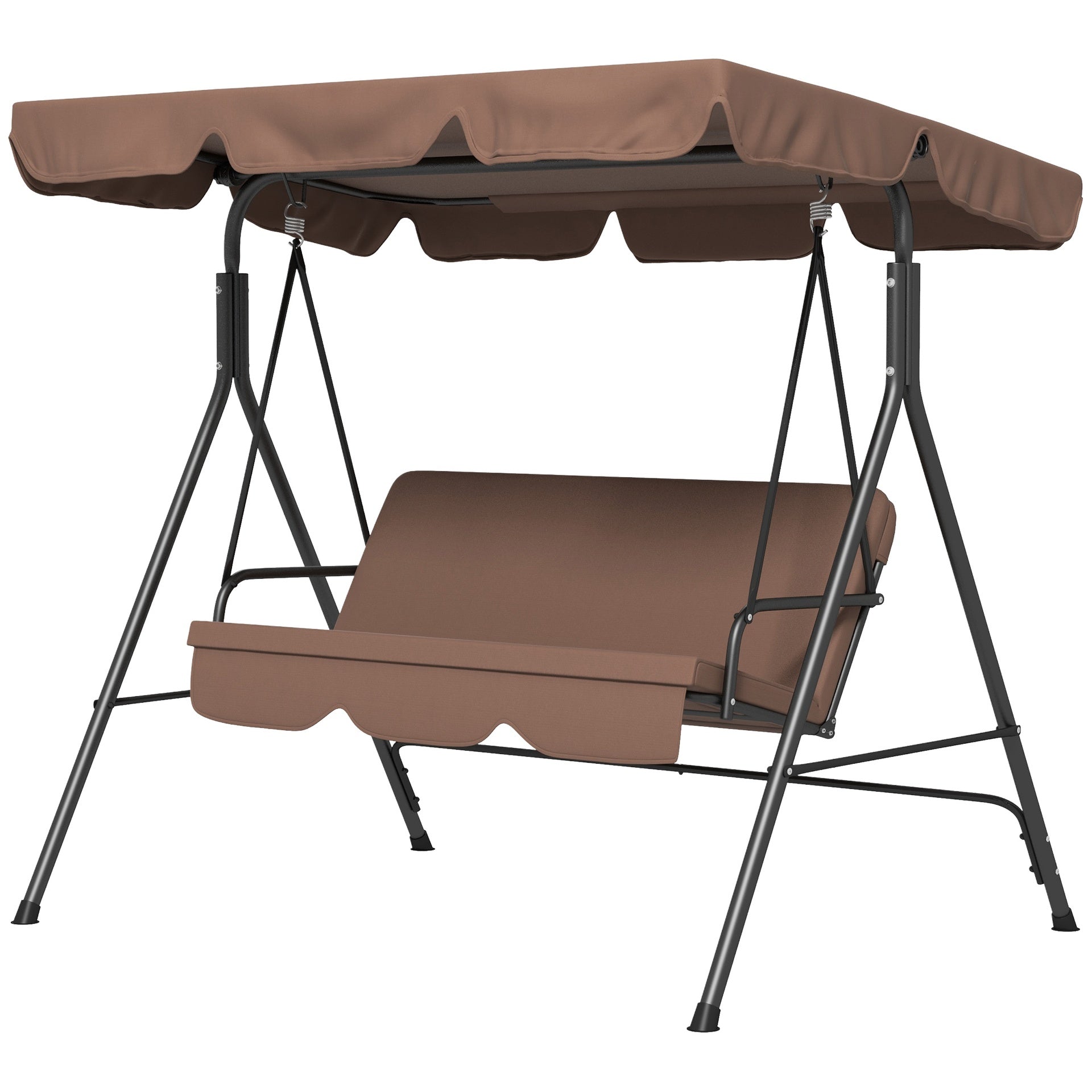 Outsunny Large Family Swing Set, 3-Seat Adjustable Canopy Swing Bench with Cushion, Steel Frame Stand for Patio, Garden, Family Use, Brown