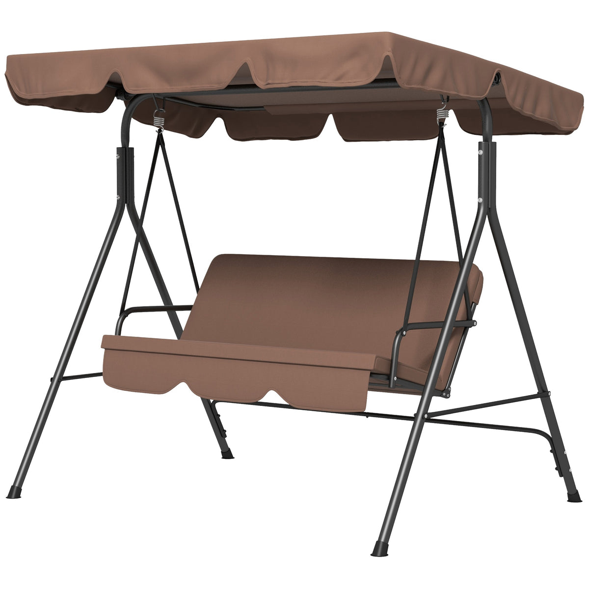 Outsunny Large Family Swing Set, 3-Seat Adjustable Canopy Swing Bench with Cushion, Steel Frame Stand for Patio, Garden, Family Use, Brown