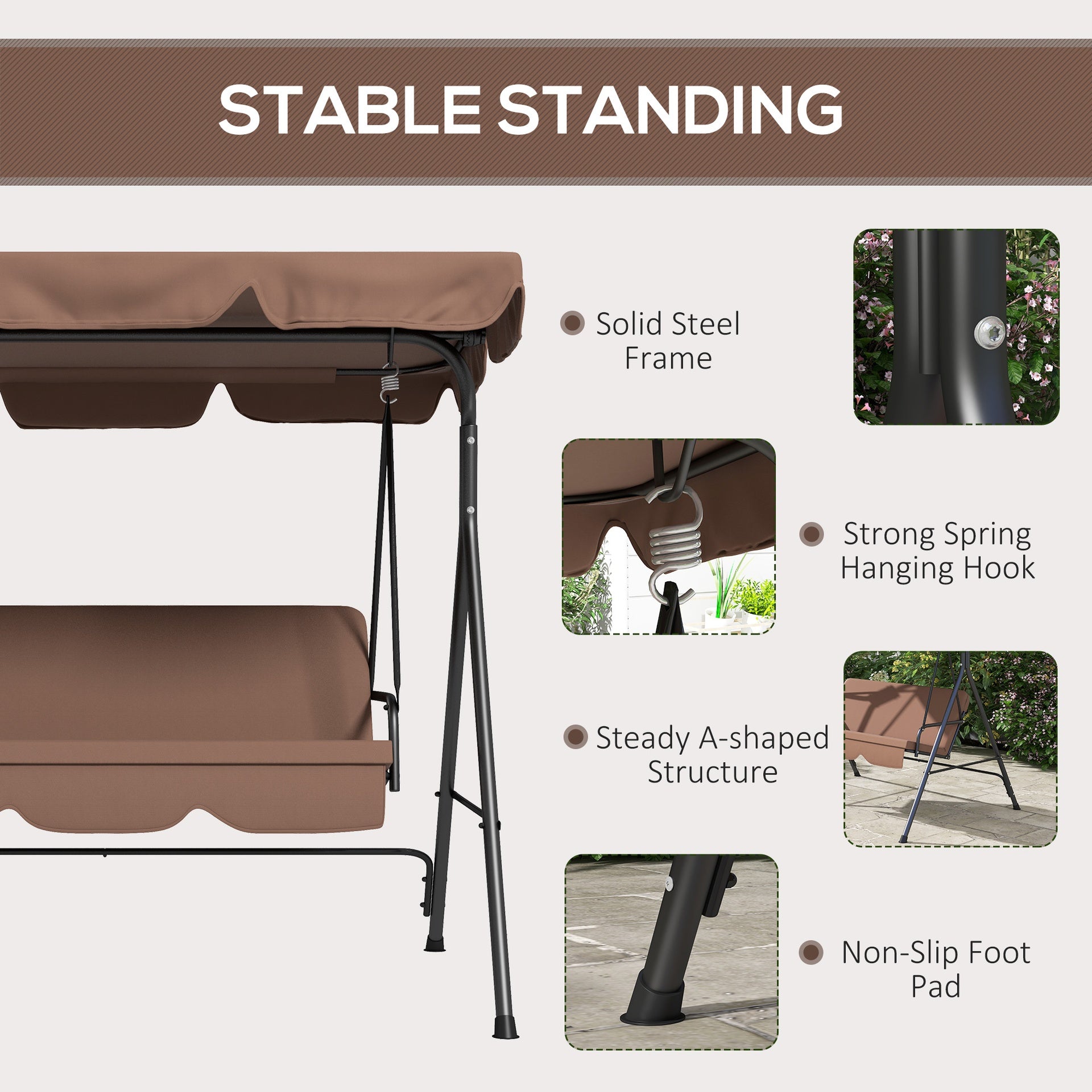 Outsunny Large Family Swing Set, 3-Seat Adjustable Canopy Swing Bench with Cushion, Steel Frame Stand for Patio, Garden, Family Use, Brown