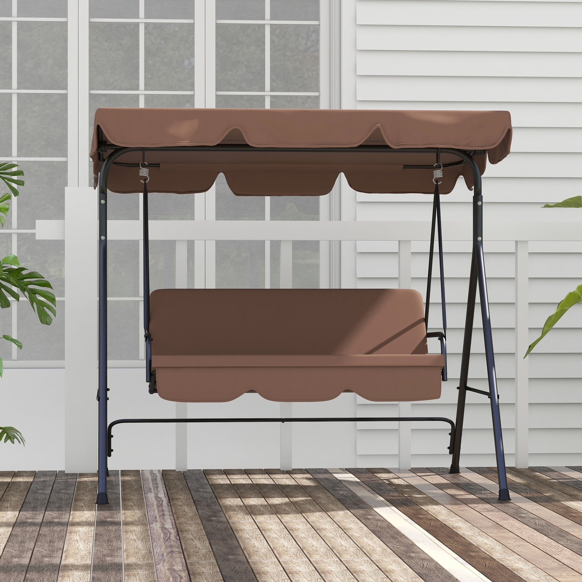 Outsunny Large Family Swing Set, 3-Seat Adjustable Canopy Swing Bench with Cushion, Steel Frame Stand for Patio, Garden, Family Use, Brown