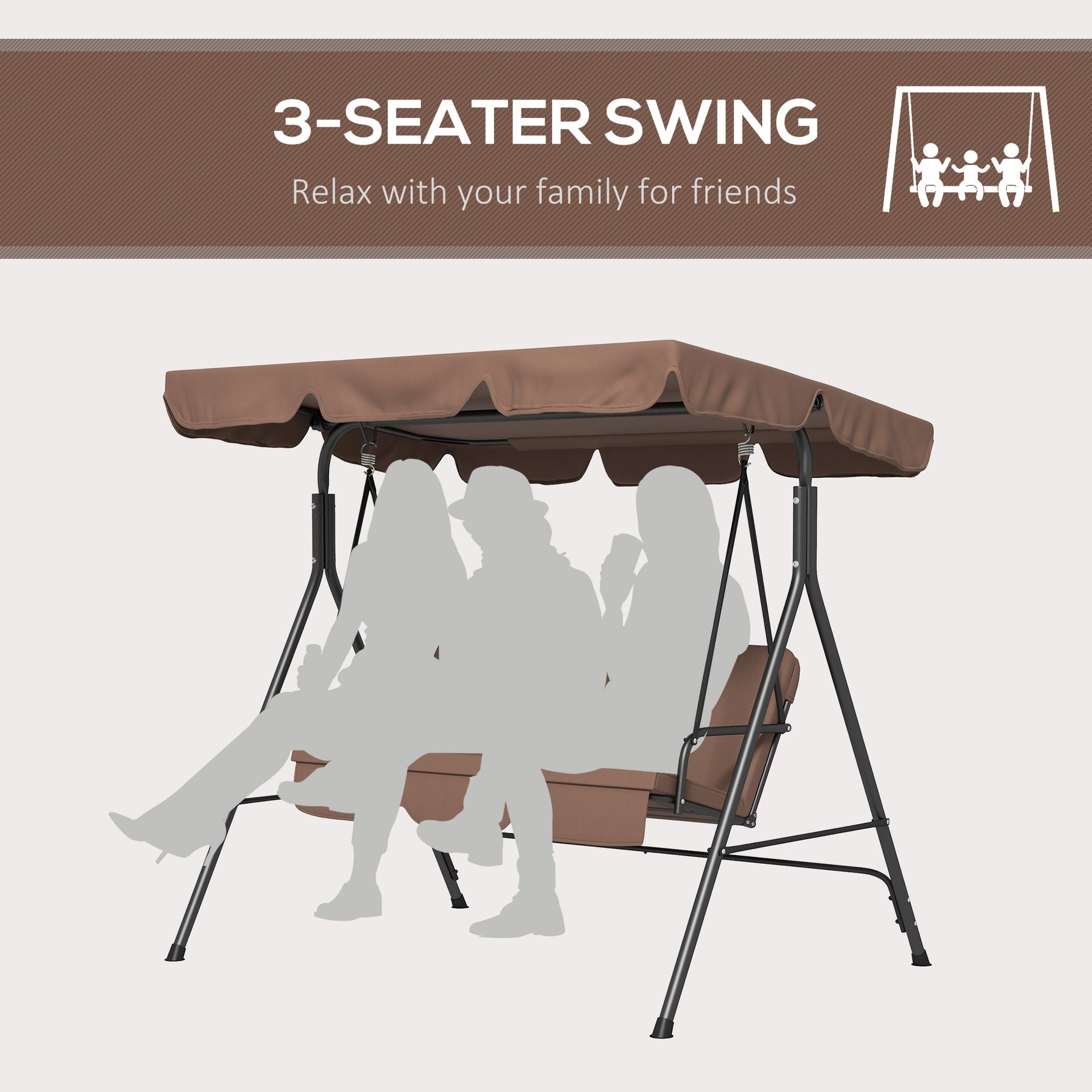 Outsunny Large Family Swing Set, 3-Seat Adjustable Canopy Swing Bench with Cushion, Steel Frame Stand for Patio, Garden, Family Use, Brown