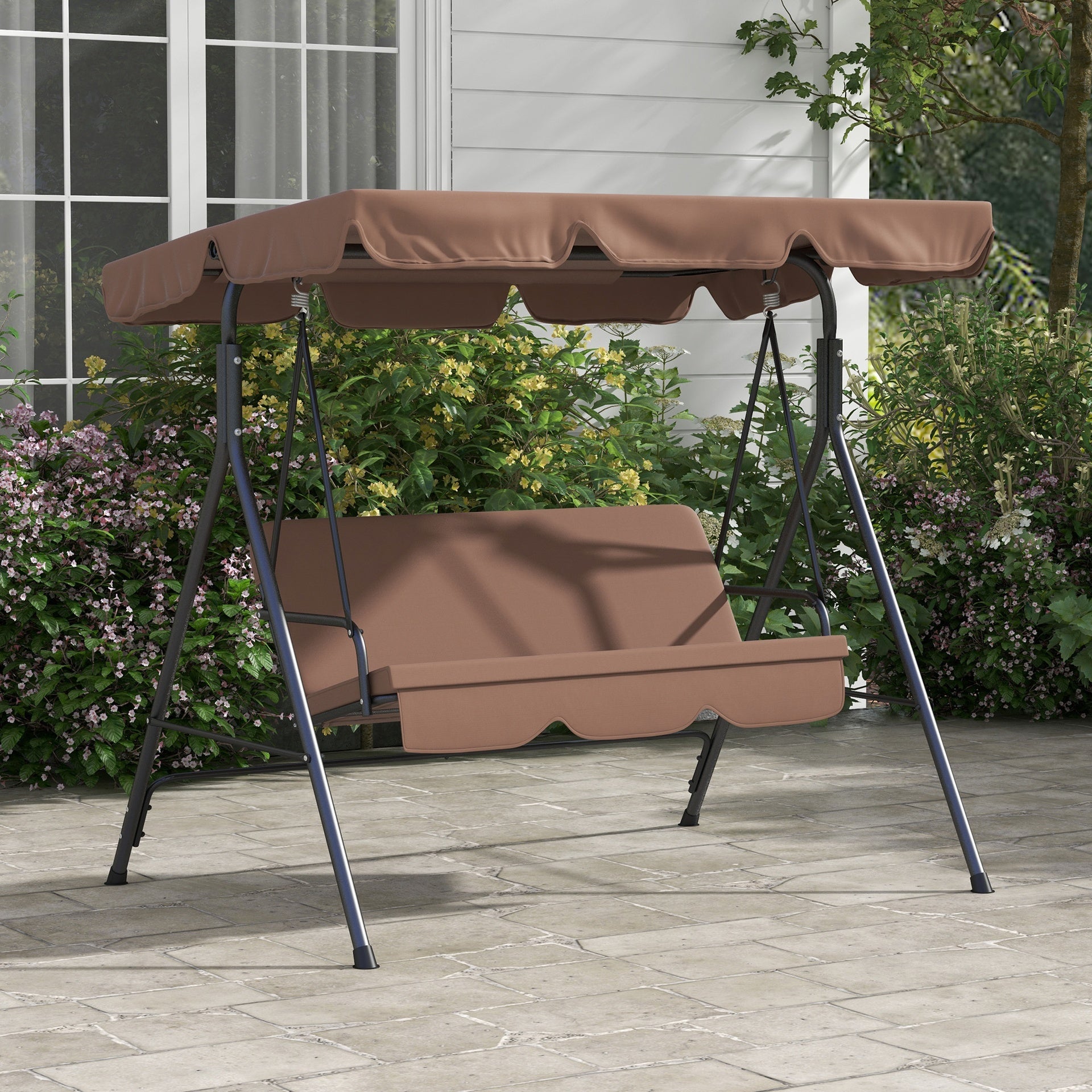 Outsunny Large Family Swing Set, 3-Seat Adjustable Canopy Swing Bench with Cushion, Steel Frame Stand for Patio, Garden, Family Use, Brown