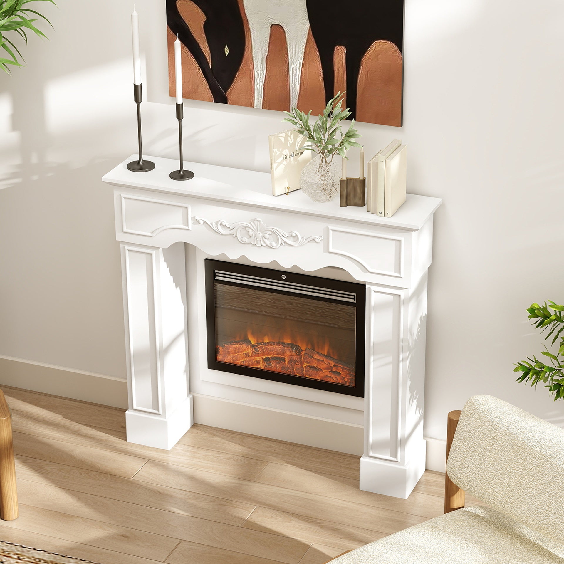 HOMCOM Baroque Fireplace Mantel, Freestanding Fireplace Surround with Leg for Electric Fireplaces, 43.3" W x 39.8" H, White