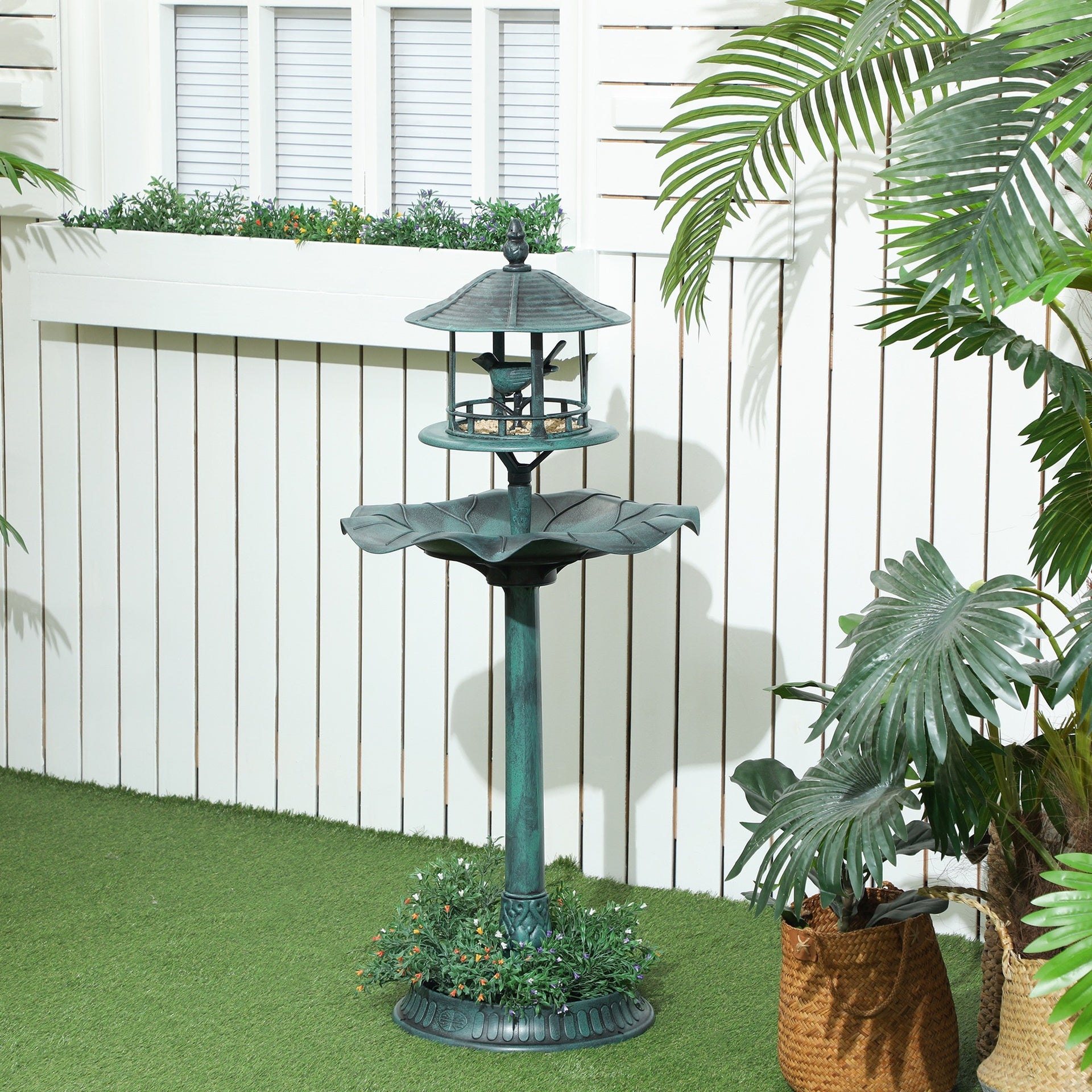 Outsunny 3 in 1 Garden Bird Bath Bowl Pedestal with Bird Feeder, Large Water Basin, Underneath Flower Planter, Green