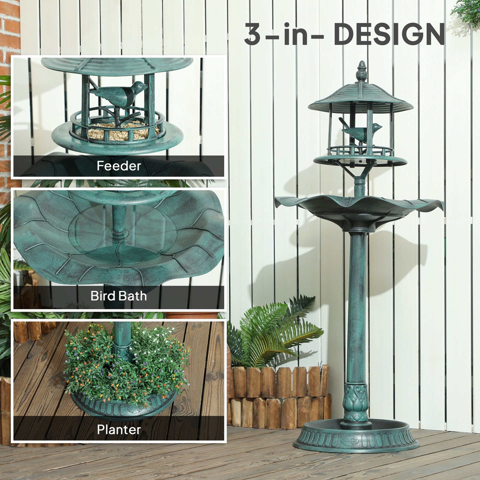 Outsunny 3 in 1 Garden Bird Bath Bowl Pedestal with Bird Feeder, Large Water Basin, Underneath Flower Planter, Green