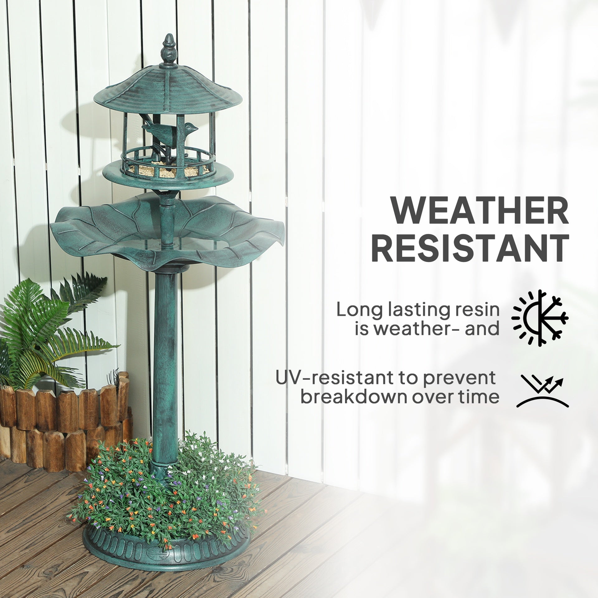 Outsunny 3 in 1 Garden Bird Bath Bowl Pedestal with Bird Feeder, Large Water Basin, Underneath Flower Planter, Green
