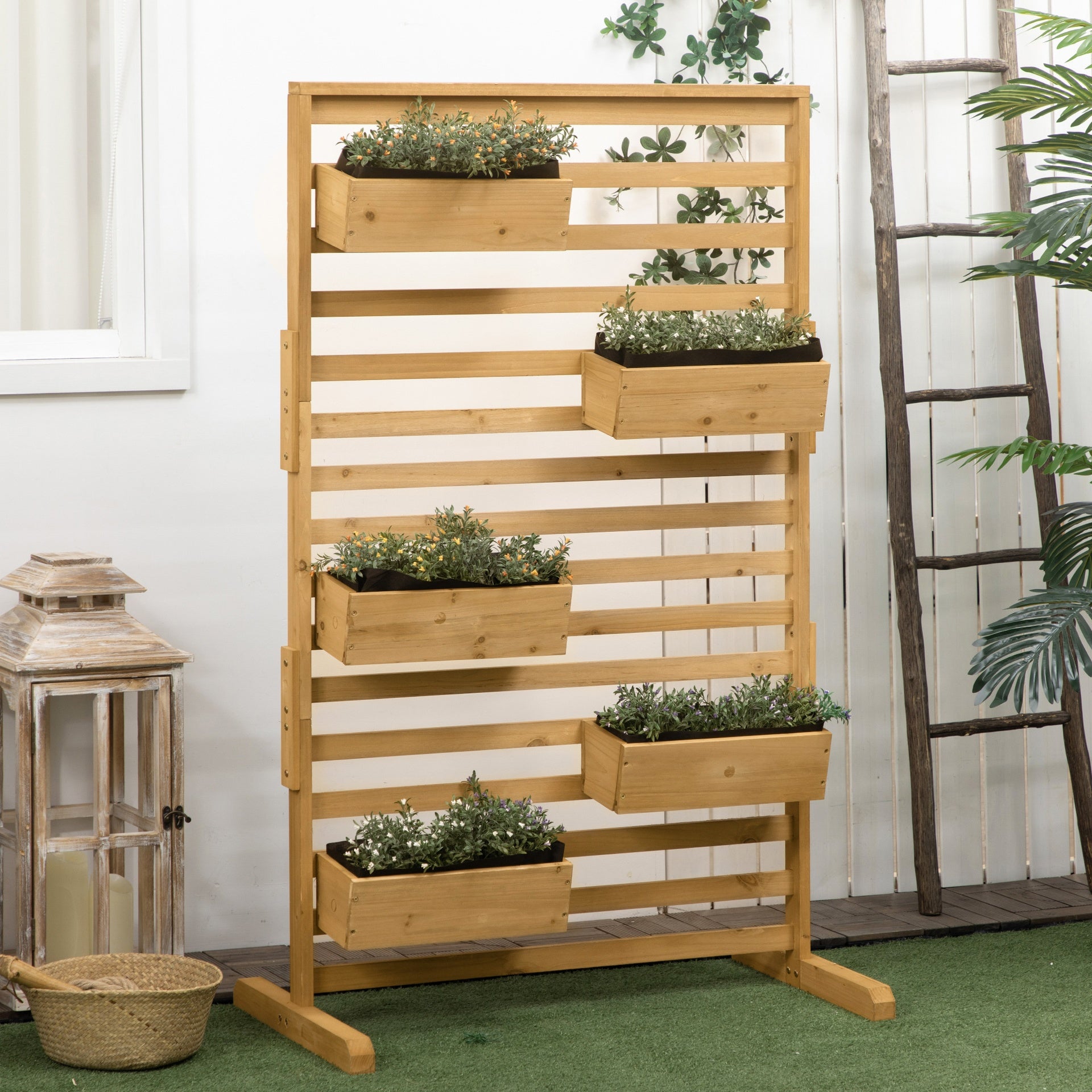 Outsunny Wooden Plant Trellis Stand with 5 Hanging Planter Boxes, Freestanding Outdoor Plant Stand for Patio, Garden, Balcony, Porch