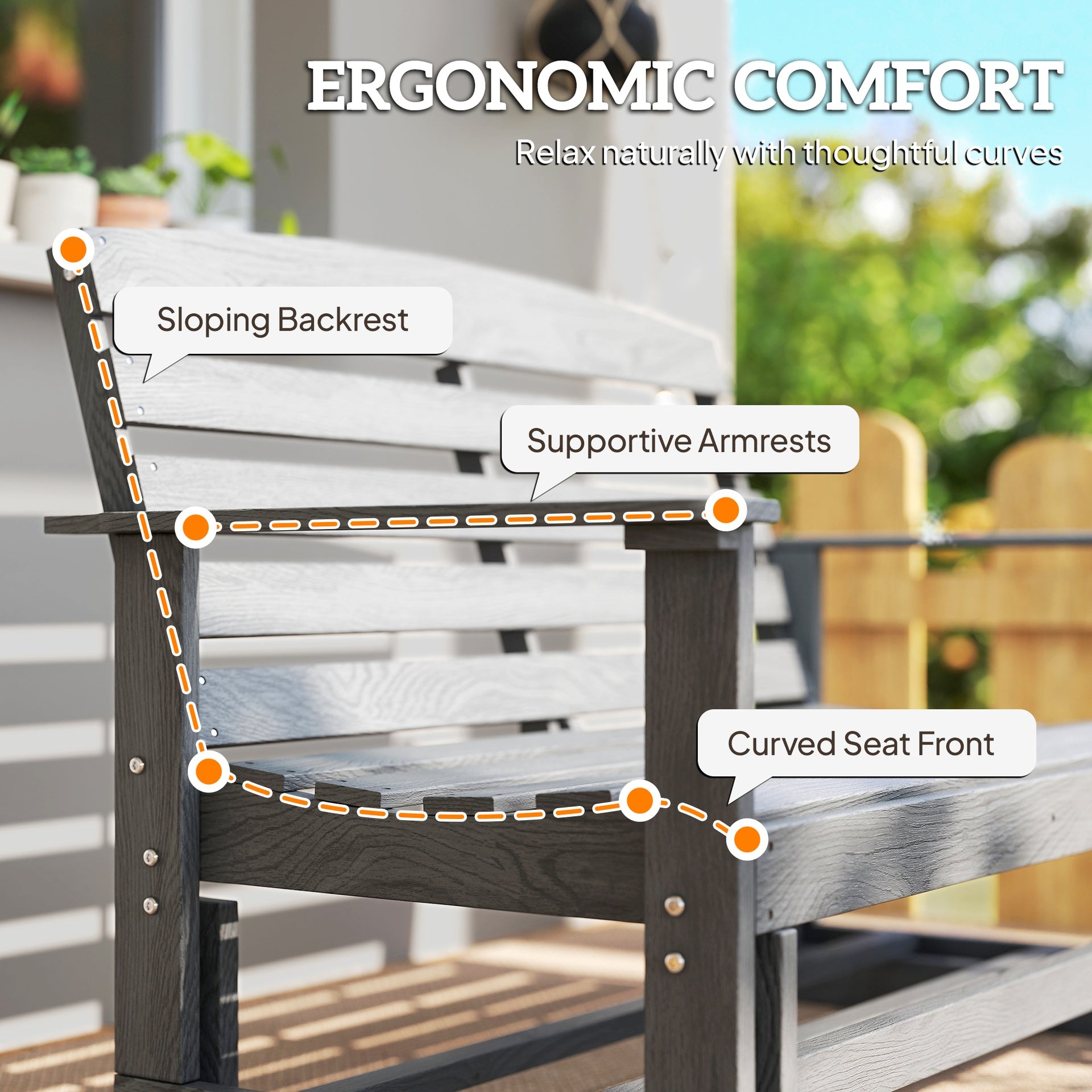 Outsunny Patio Glider Bench w/ HDPE Slatted Double Rocking Chair, Distressed Gray