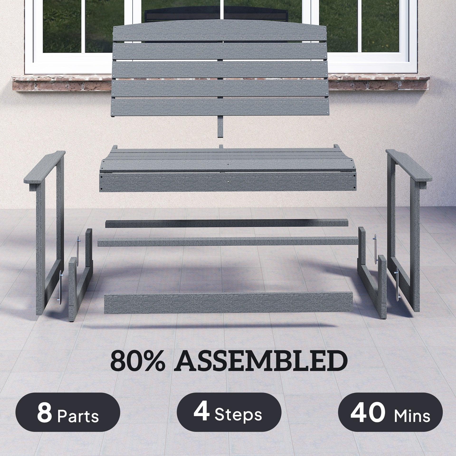 Outsunny Patio Glider Bench w/ HDPE Slatted Double Rocking Chair, Distressed Gray