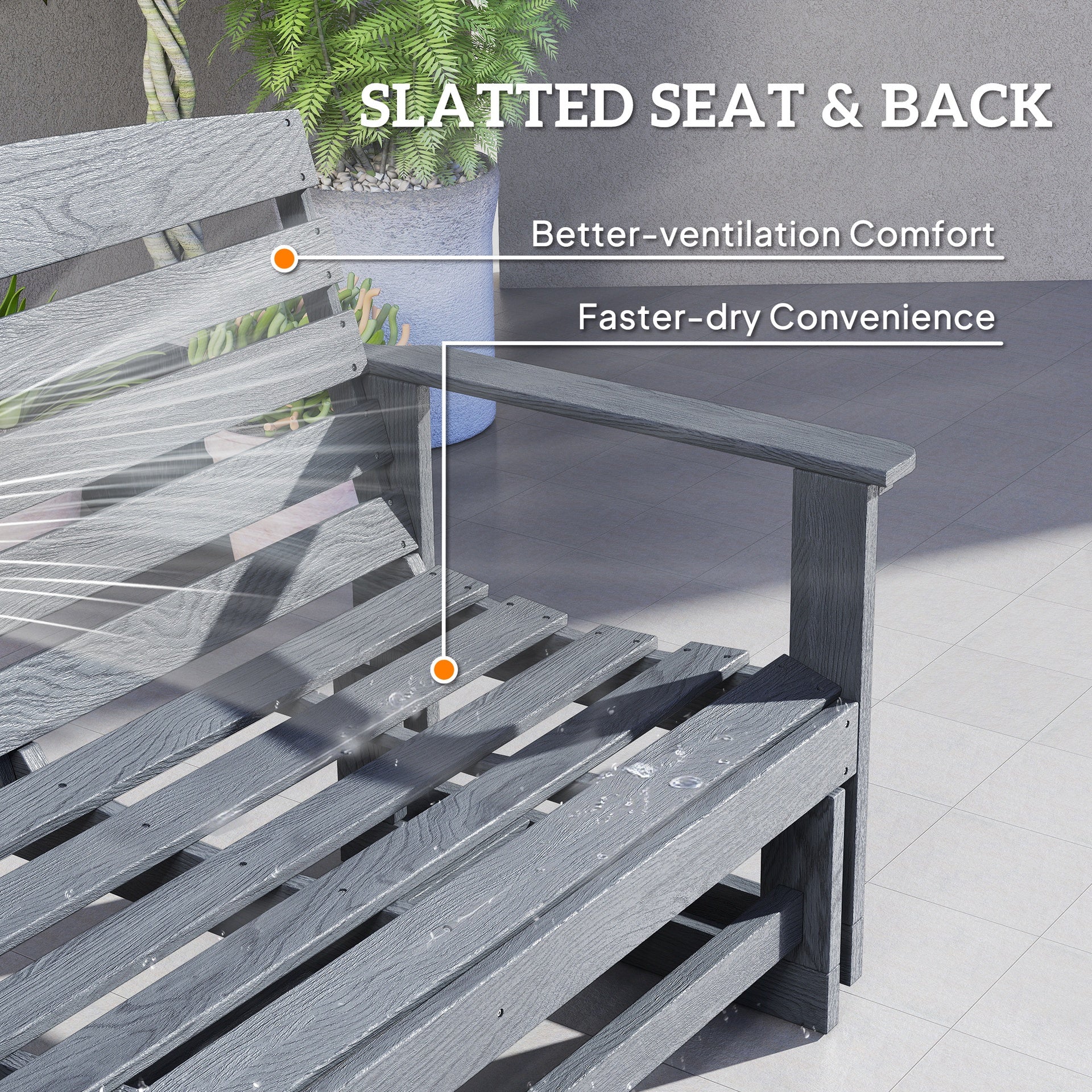 Outsunny Patio Glider Bench w/ HDPE Slatted Double Rocking Chair, Distressed Gray