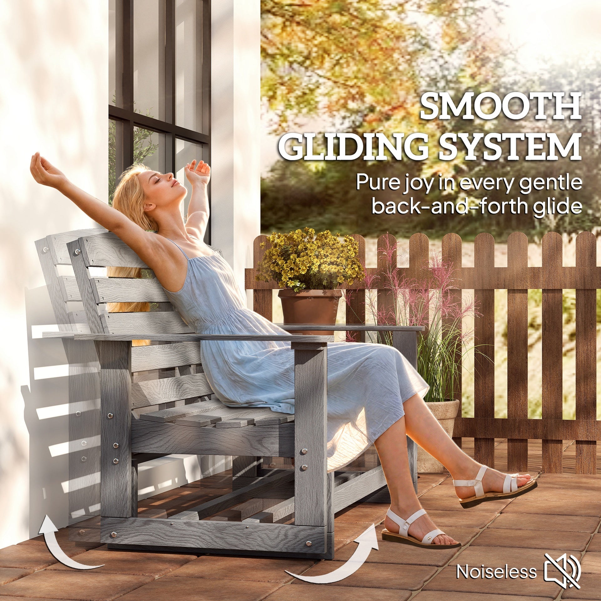 Outsunny Patio Glider Bench w/ HDPE Slatted Double Rocking Chair, Distressed Gray