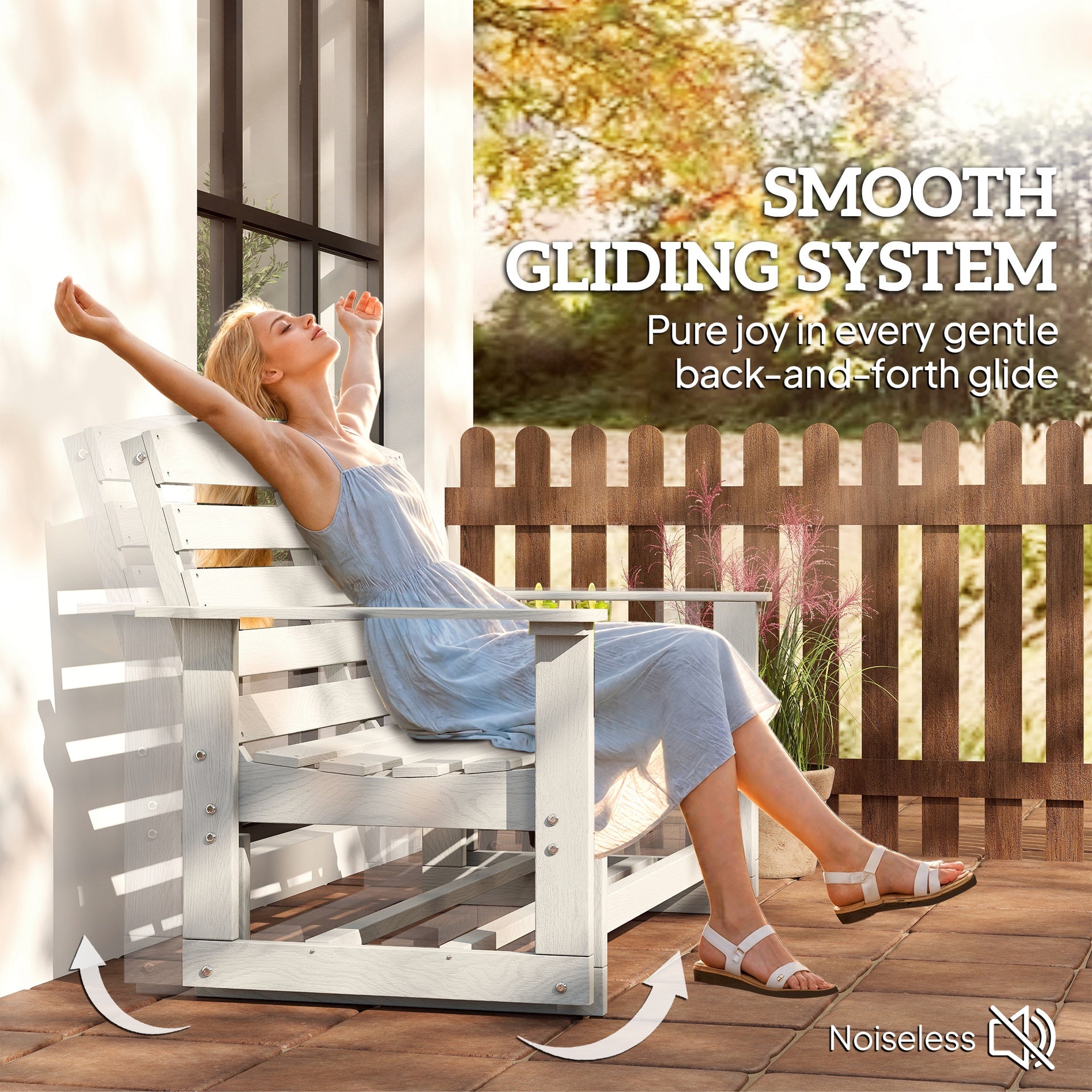 Outsunny Patio Glider Bench w/ HDPE Slatted Double Rocking Chair, Distressed White