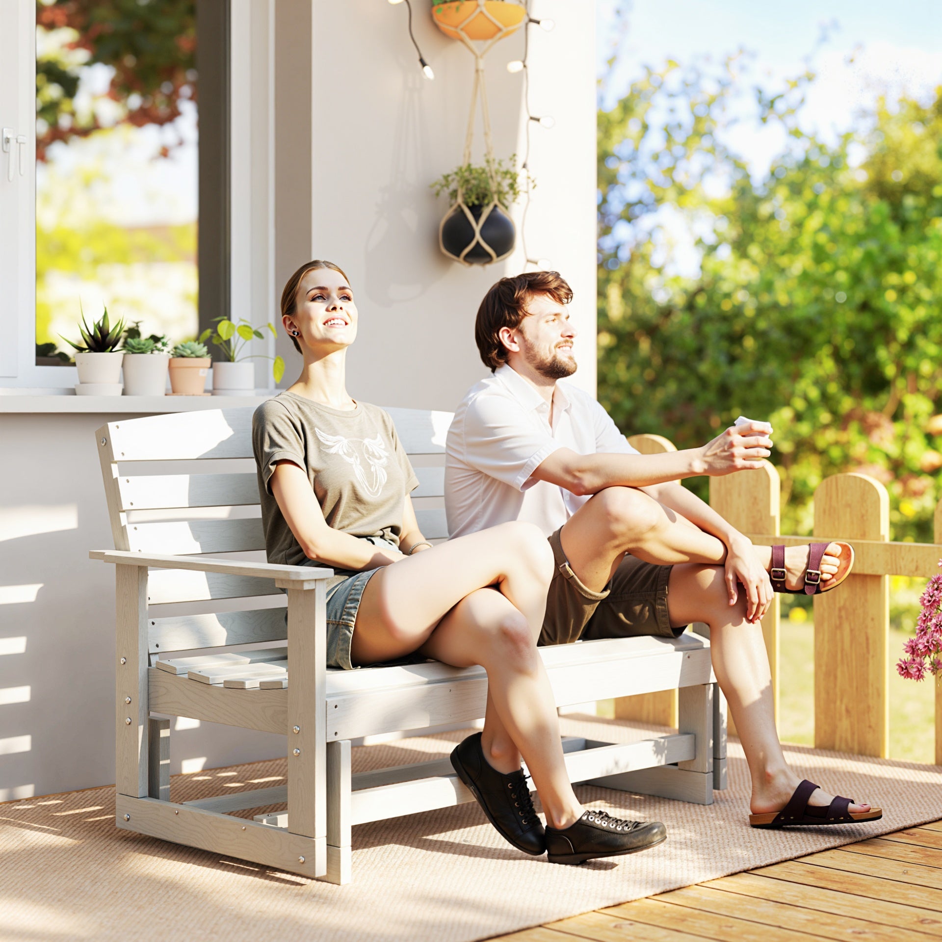 Outsunny Patio Glider Bench w/ HDPE Slatted Double Rocking Chair, Distressed White