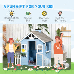 Outsunny Wooden Playhouse for Kids Outdoor with Flower Pot Holders, Door, Windows, Service Stations for 3-7 Years, Blue