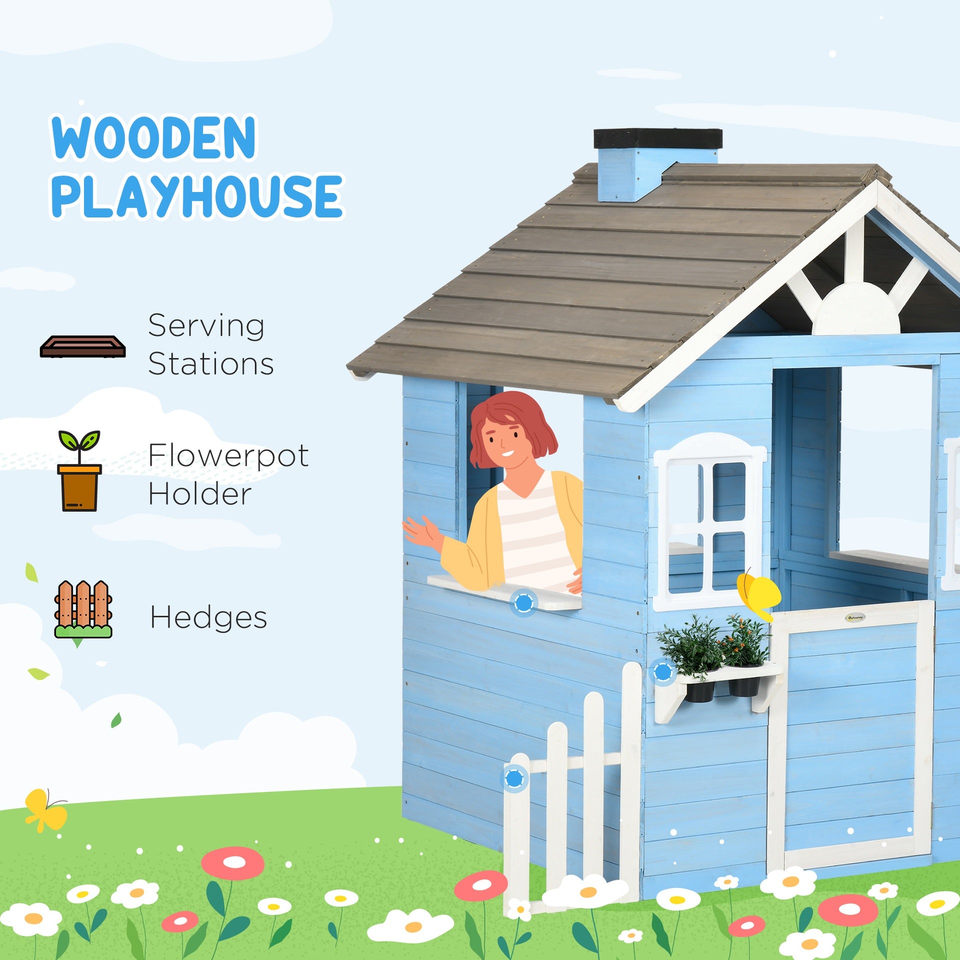 Outsunny Wooden Playhouse for Kids Outdoor with Flower Pot Holders, Door, Windows, Service Stations for 3-7 Years, Blue