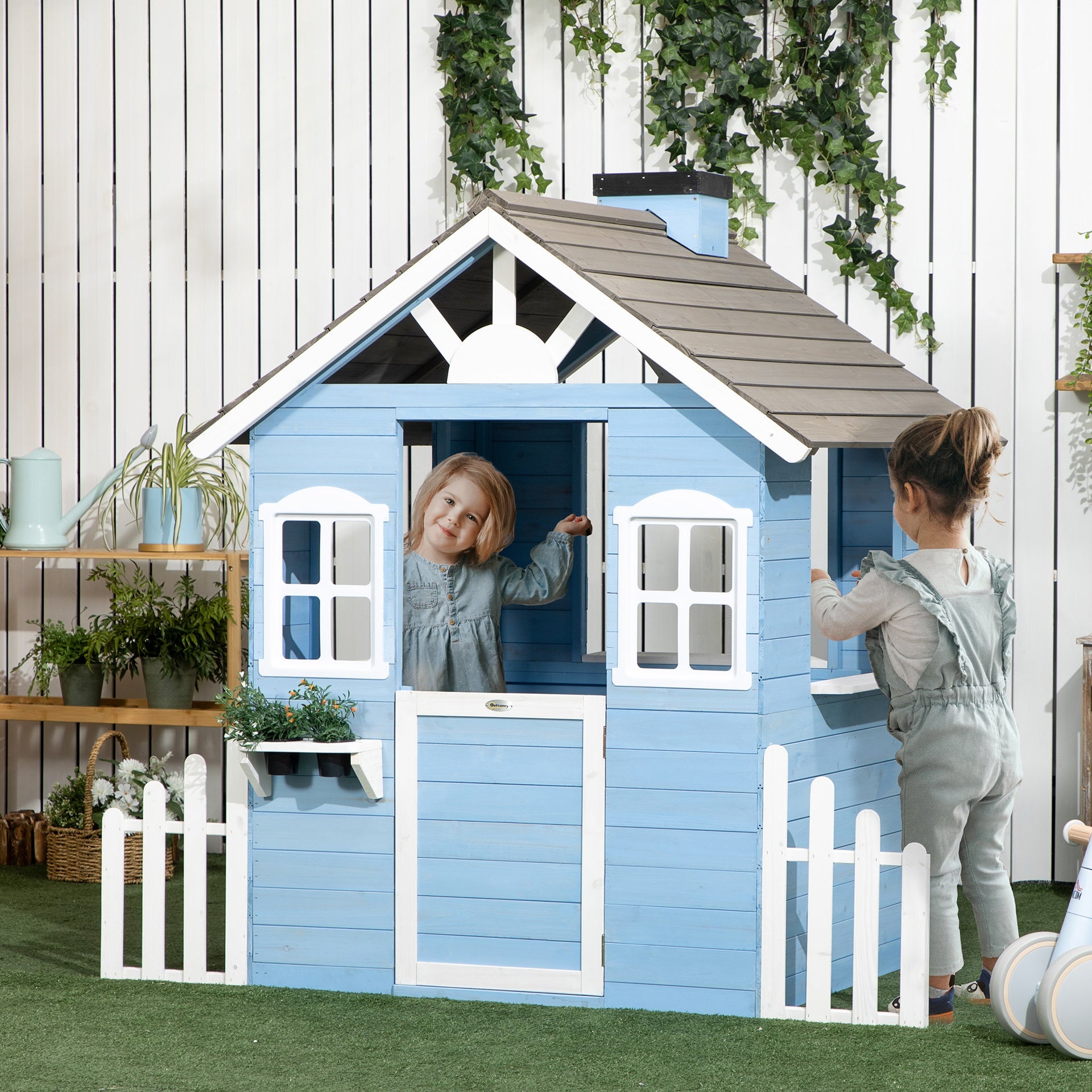 Outsunny Wooden Playhouse for Kids Outdoor with Flower Pot Holders, Door, Windows, Service Stations for 3-7 Years, Blue