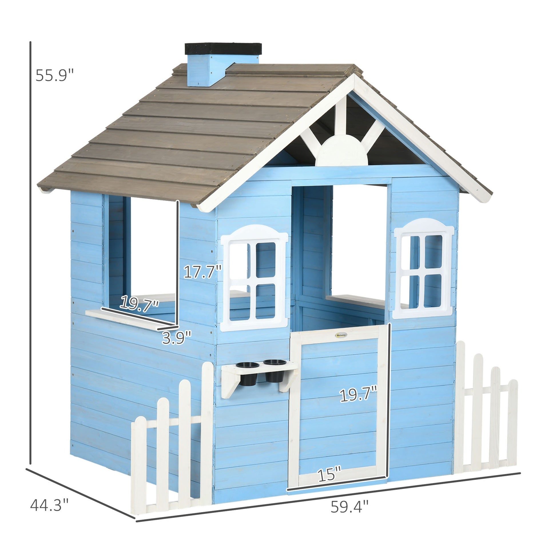 Outsunny Wooden Playhouse for Kids Outdoor with Flower Pot Holders, Door, Windows, Service Stations for 3-7 Years, Blue
