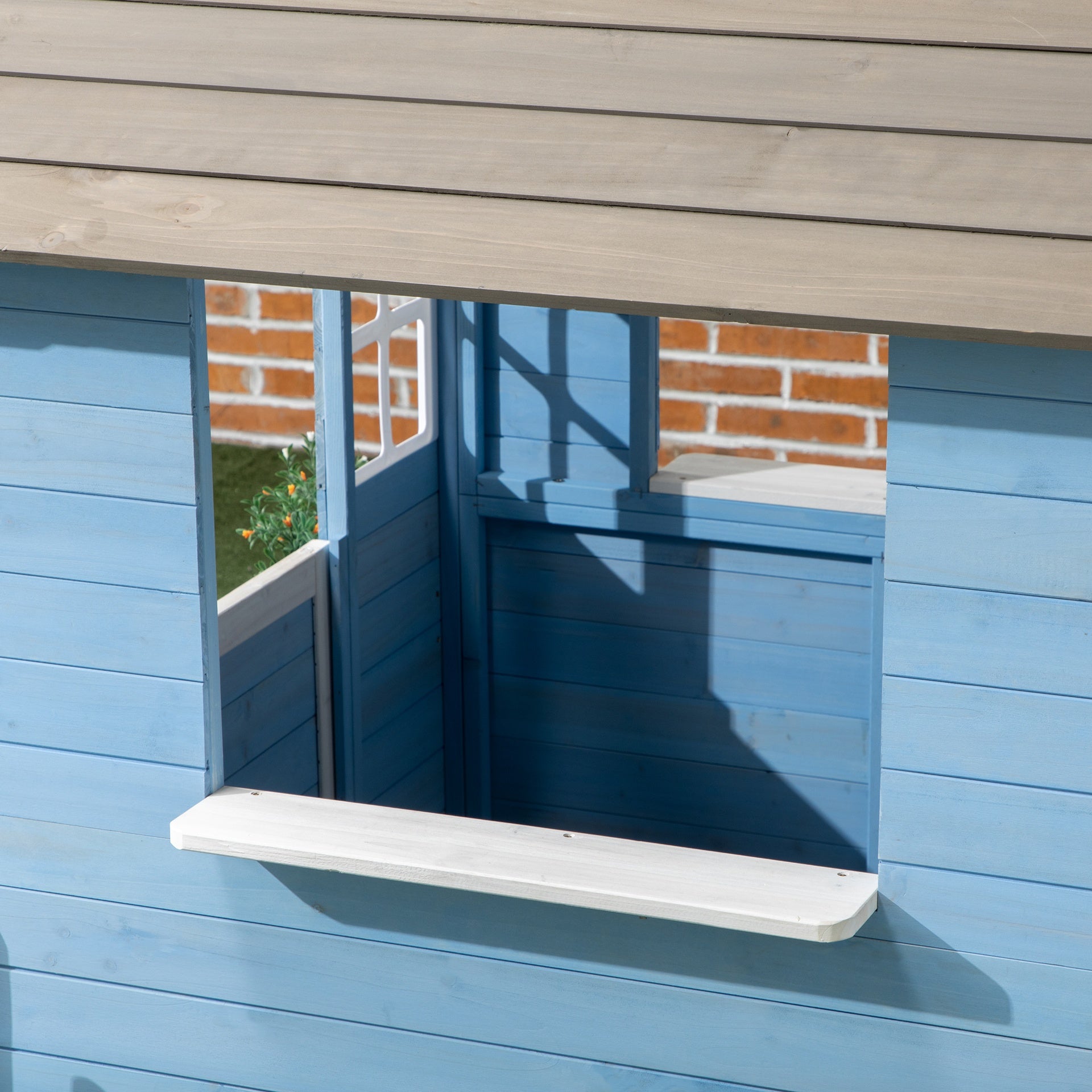 Outsunny Wooden Playhouse for Kids Outdoor with Flower Pot Holders, Door, Windows, Service Stations for 3-7 Years, Blue