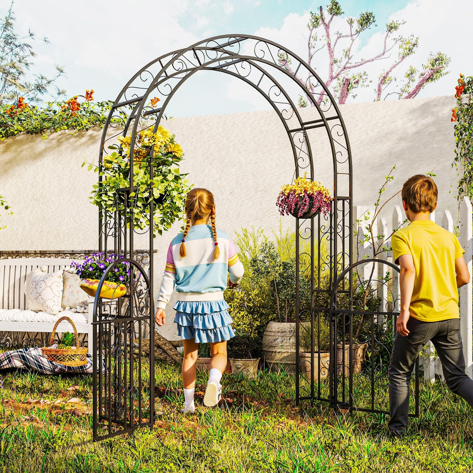 Outsunny 7.4ft Steel Garden Arch with Gate, Garden Arbor Trellis for Climbing Plants, Roses, Vines, Wedding Arch Stand for Outdoor, Garden, Lawn, Backyard, Black