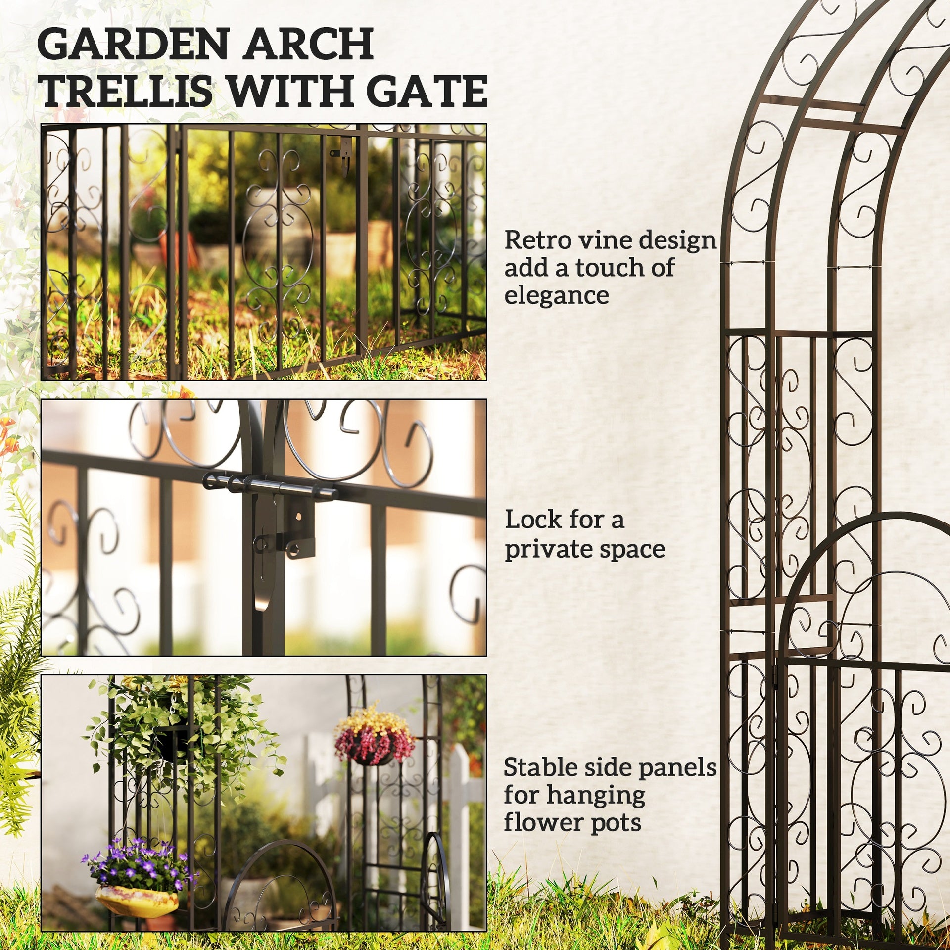 Outsunny 7.4ft Steel Garden Arch with Gate, Garden Arbor Trellis for Climbing Plants, Roses, Vines, Wedding Arch Stand for Outdoor, Garden, Lawn, Backyard, Black