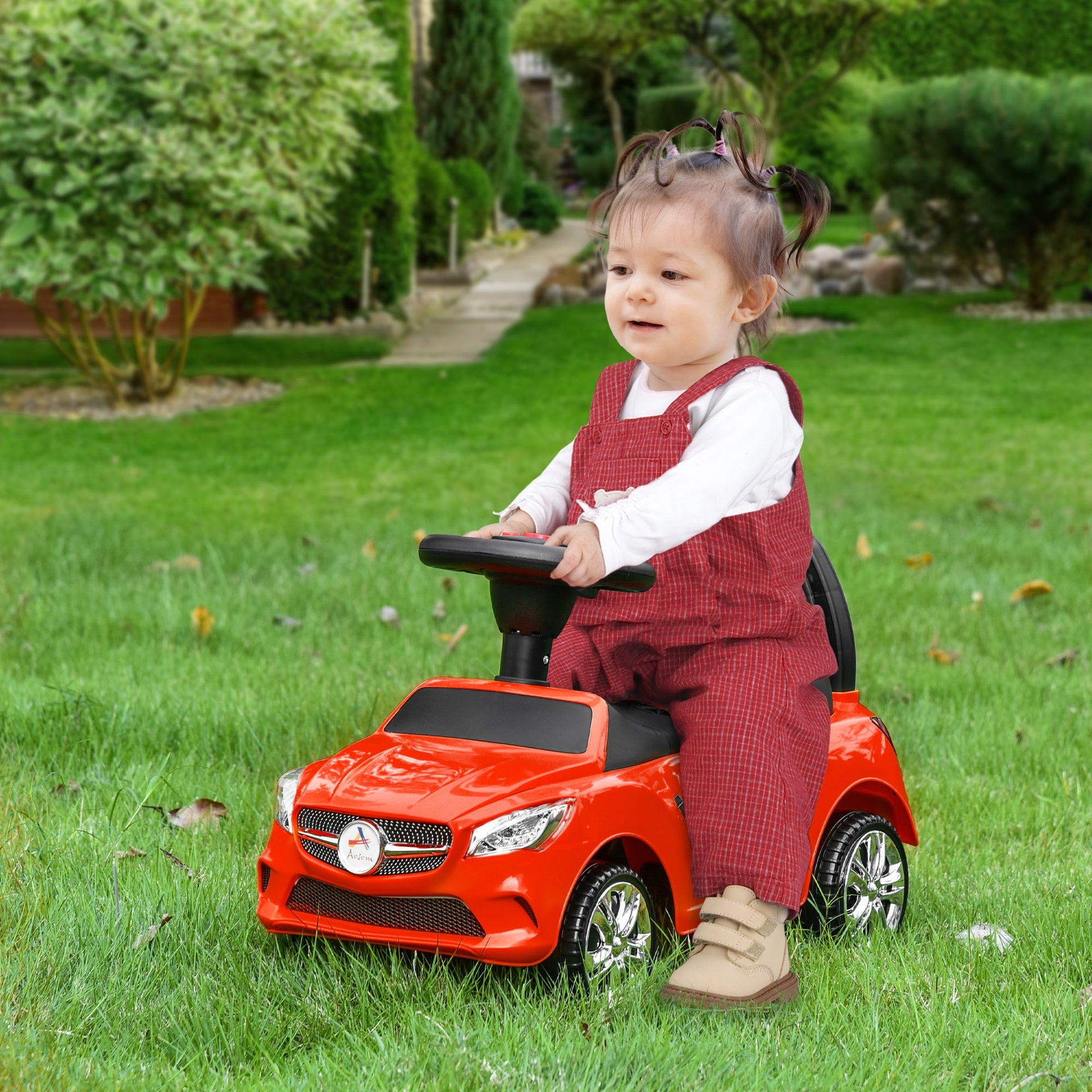 Aosom Kids Ride On Push Car, Foot-to-Floor Walking Sliding Toy Car for Toddler with Working Horn, Music, Headlights and Storage, Red