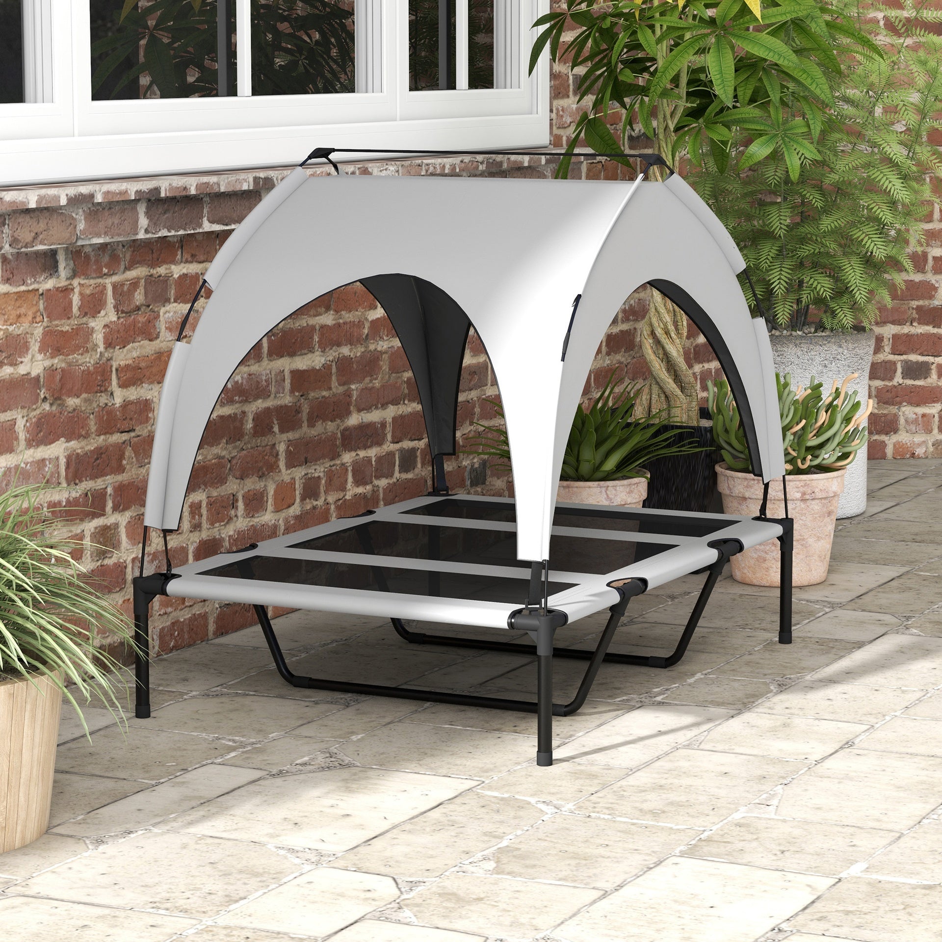 PawHut Elevated Dog Bed with Canopy, Raised Outdoor Pet Bed for Camping with Washable Breathable Mesh, 42" x 30" x 37"