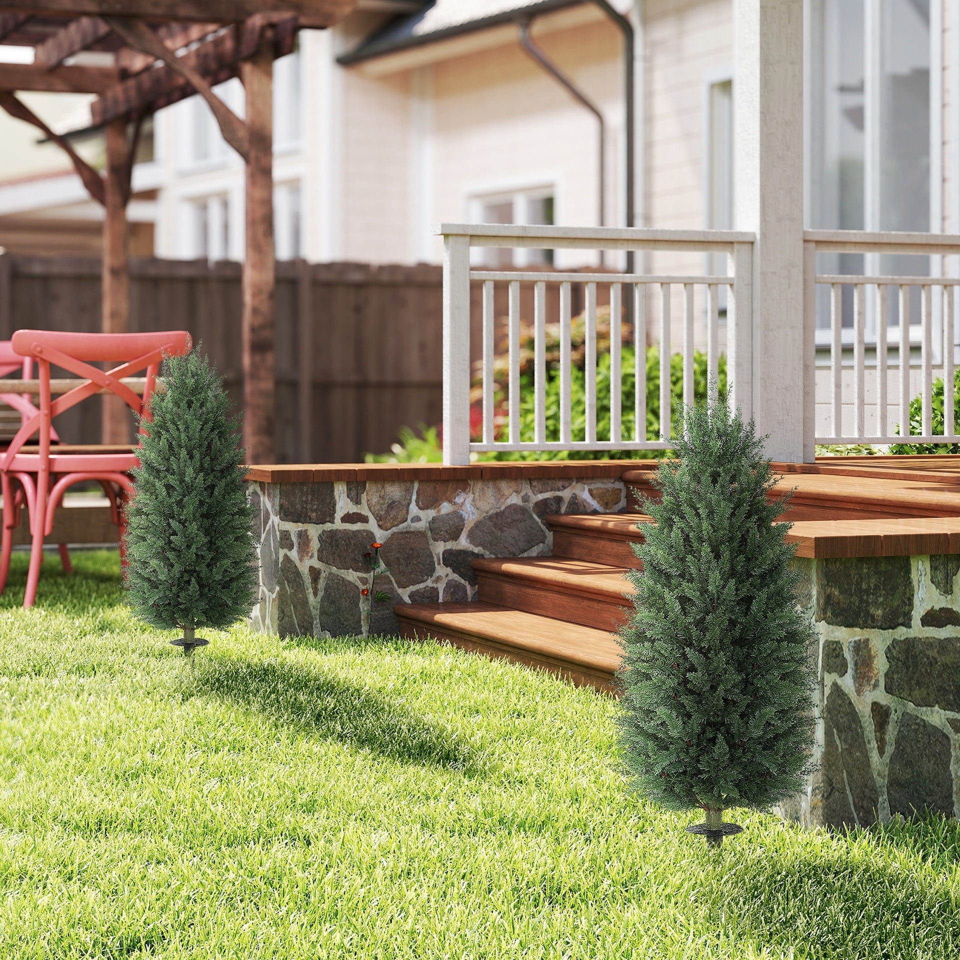 HOMCOM 43.3 Inch Set of 2 Artificial Cypress Topiary Tree, Indoor Outdoor UV Resistant Faux Plants with Ground Stake for Garden