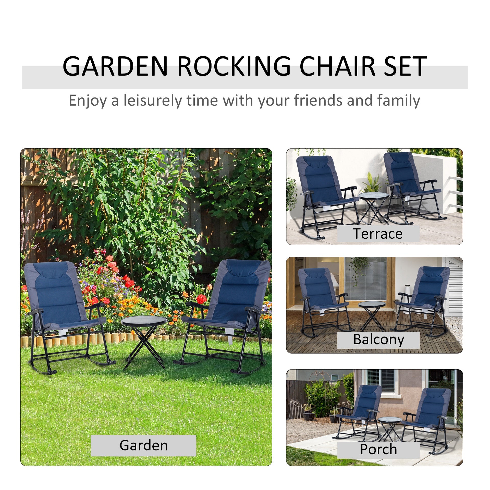 Outsunny 3 Piece Outdoor Folding Rocking Chair and Table Set - Blue and Gray