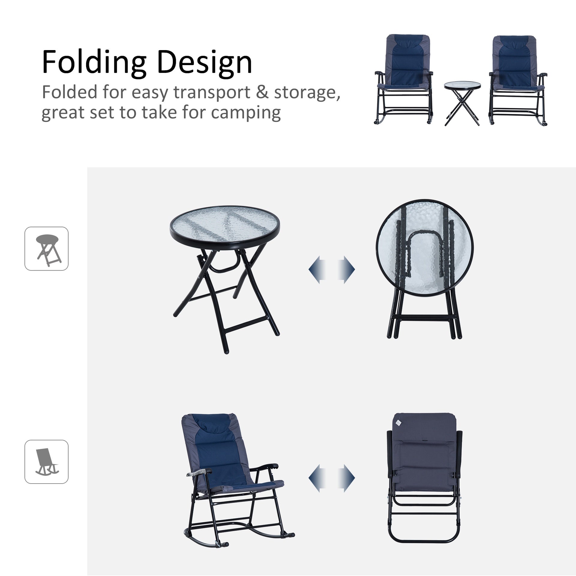 Outsunny 3 Piece Outdoor Folding Rocking Chair and Table Set - Blue and Gray