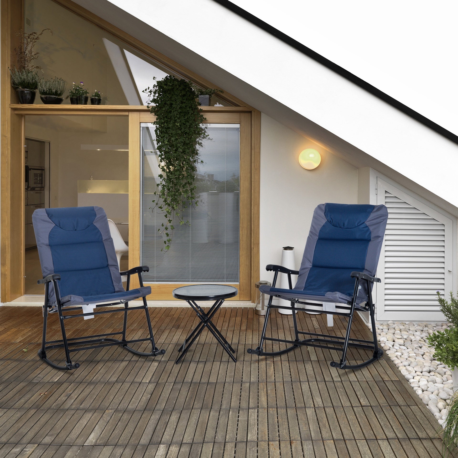 Outsunny 3 Piece Outdoor Folding Rocking Chair and Table Set - Blue and Gray