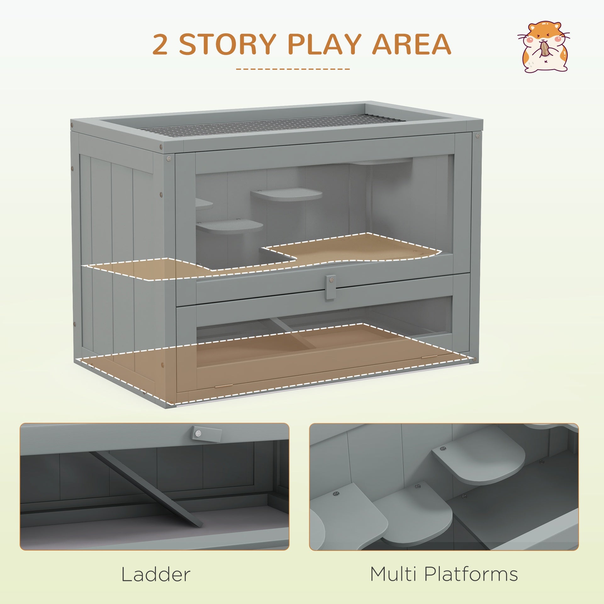 PawHut 2-Level Hamster Cage with Openable Top, Door, Shelf, Ladder, Gray