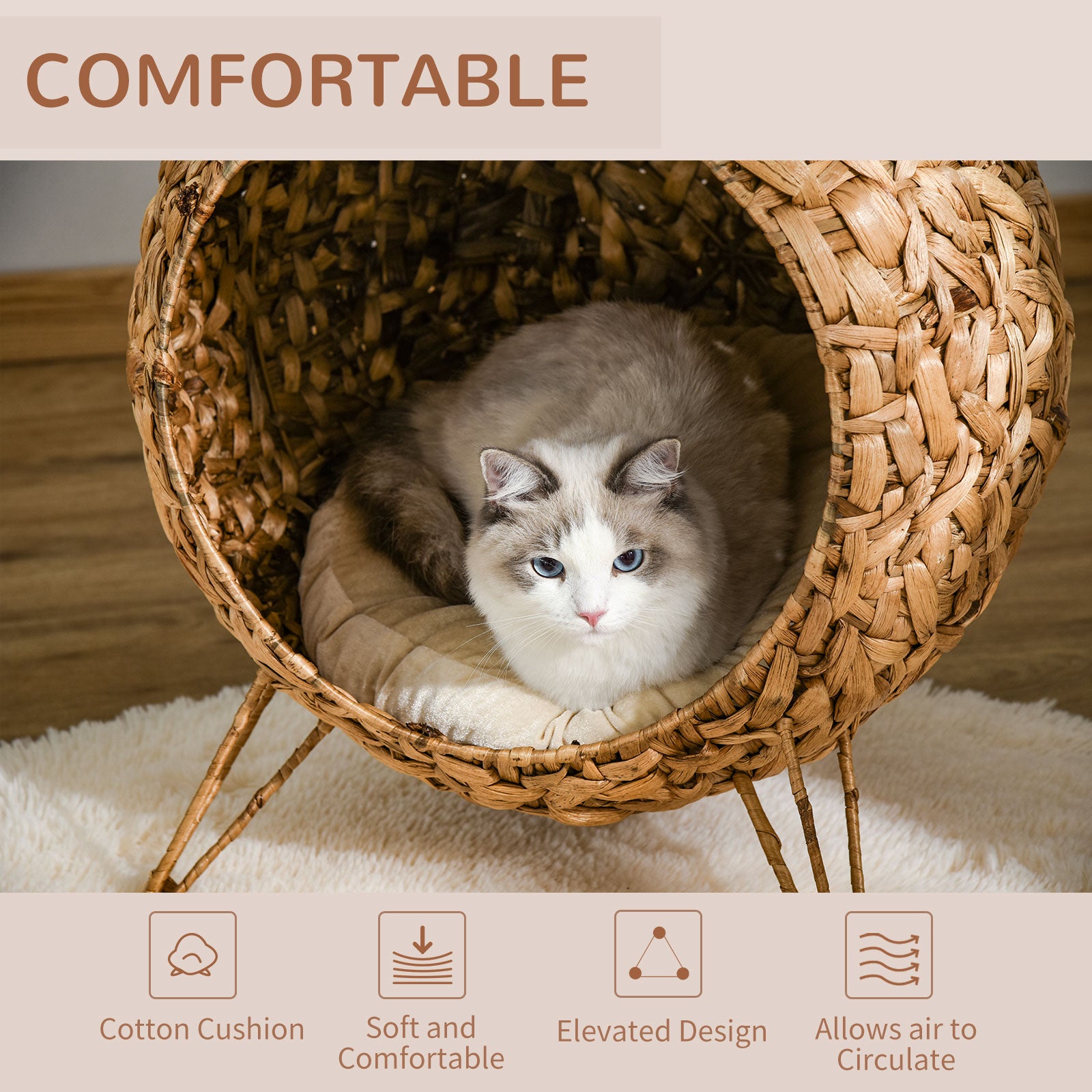PawHut 20.5" Weaved Cat Bed, Elevated Hand-woven Braided Banana Leaf Kitten House Condo with Cushion, Natural