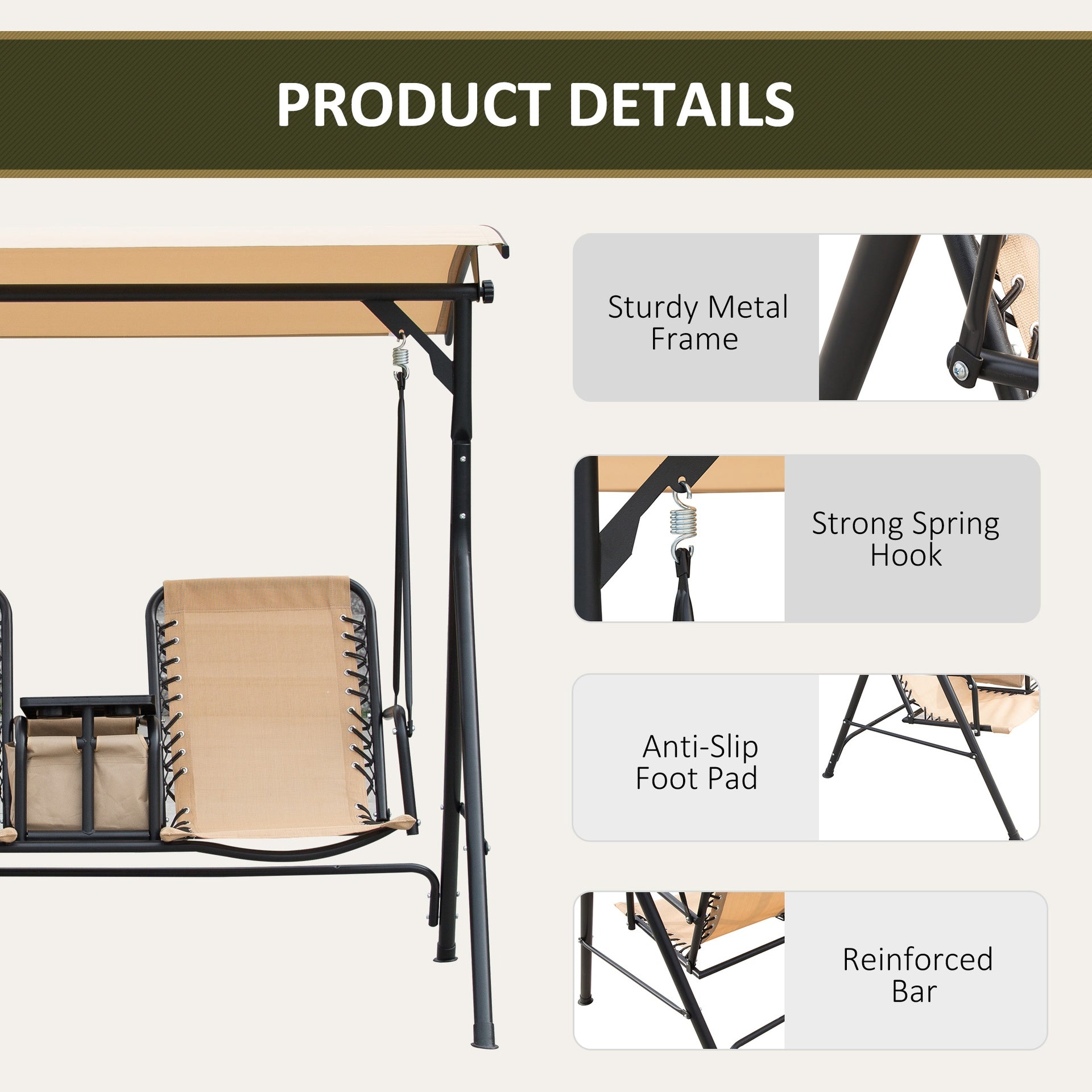 Outsunny 2 Person Porch Swing with Canopy, Storage Table, Cup Holder, Beige