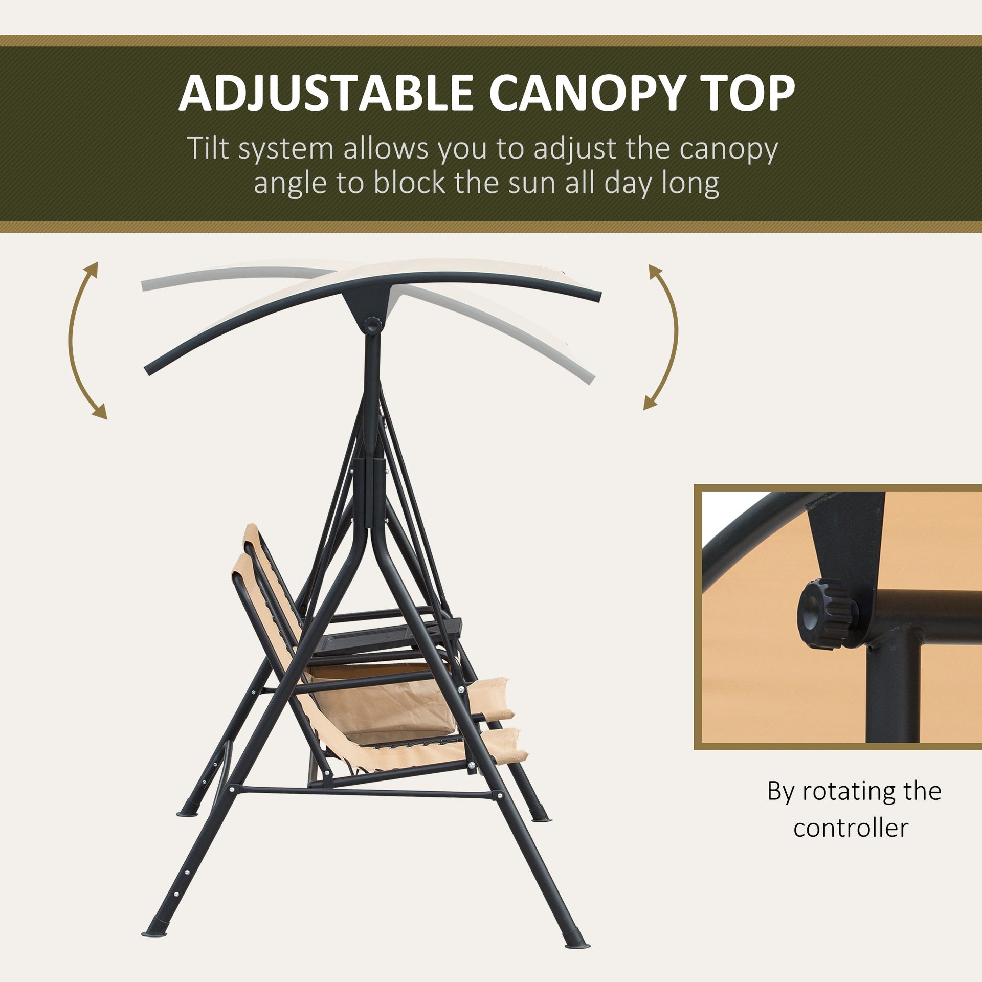 Outsunny 2 Person Porch Swing with Canopy, Storage Table, Cup Holder, Beige