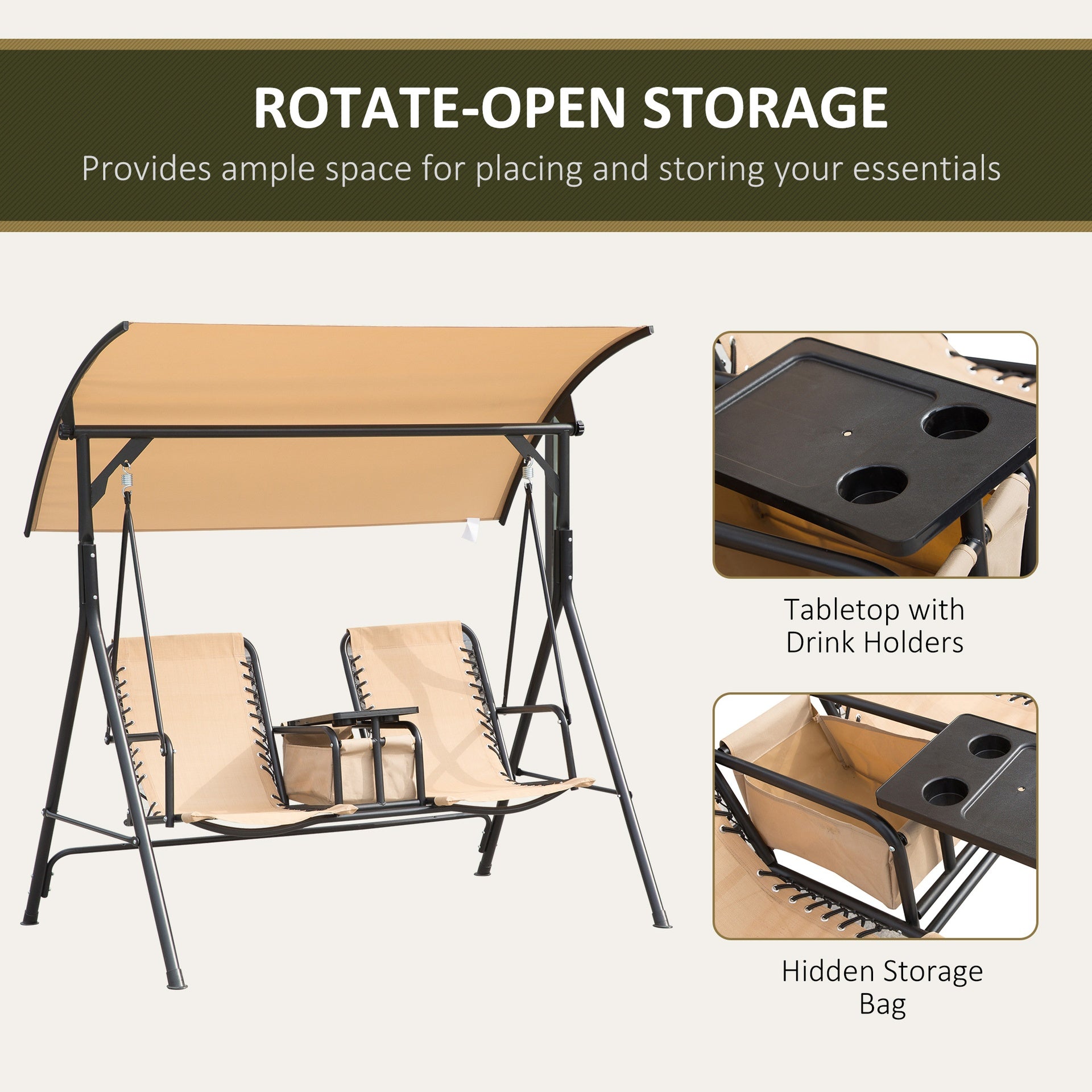 Outsunny 2 Person Porch Swing with Canopy, Storage Table, Cup Holder, Beige