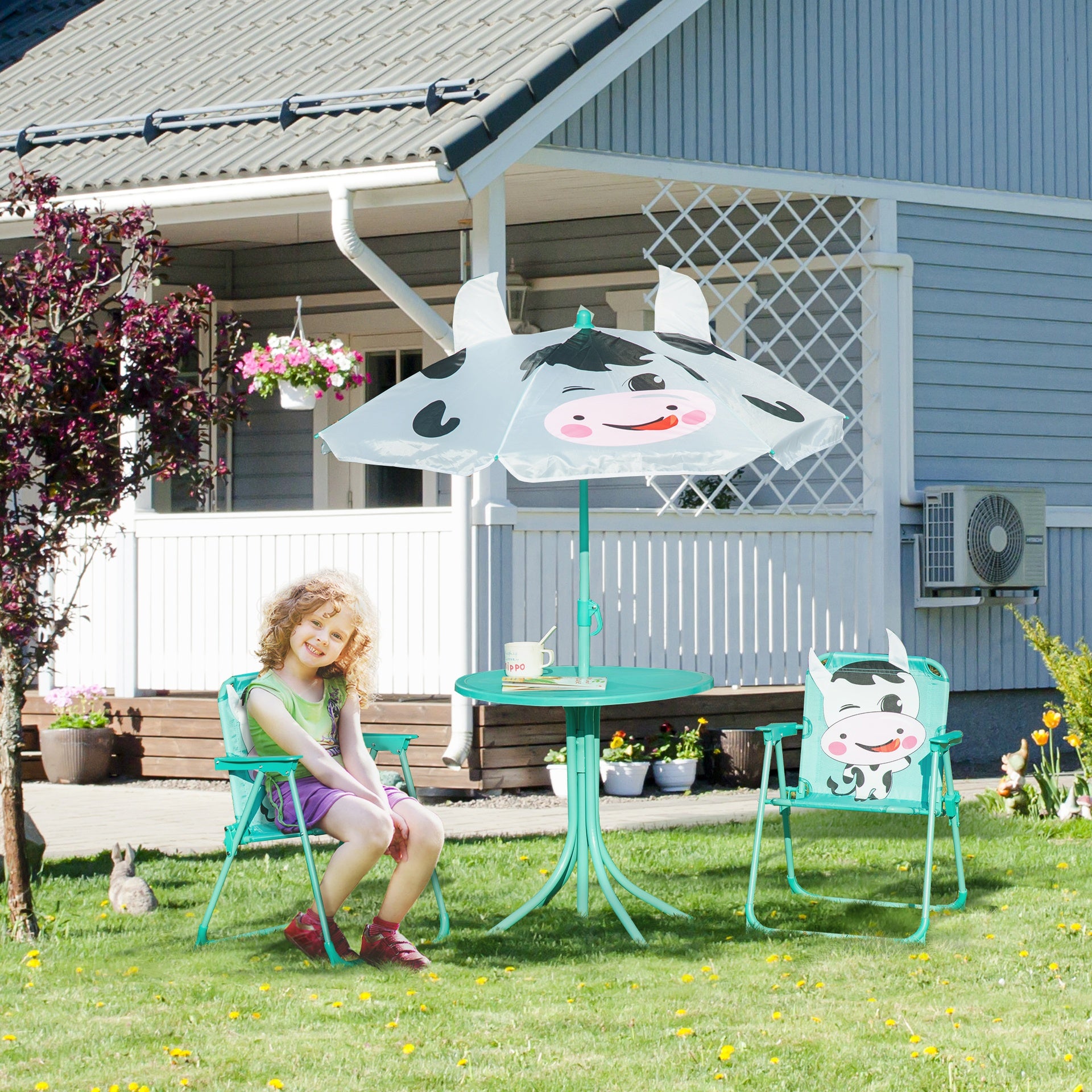 Outsunny Kids Table and Chair Set, Outdoor Folding Garden Furniture, Picnic Table for Patio Backyard, with Removable & Height Adjustable Sun Umbrella, White