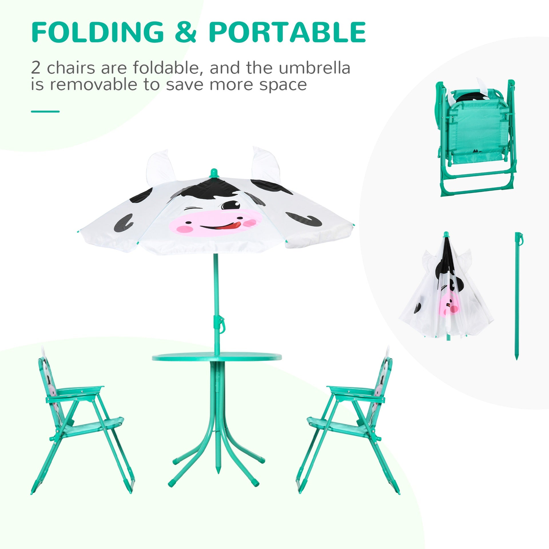 Outsunny Kids Table and Chair Set, Outdoor Folding Garden Furniture, Picnic Table for Patio Backyard, with Removable & Height Adjustable Sun Umbrella, White
