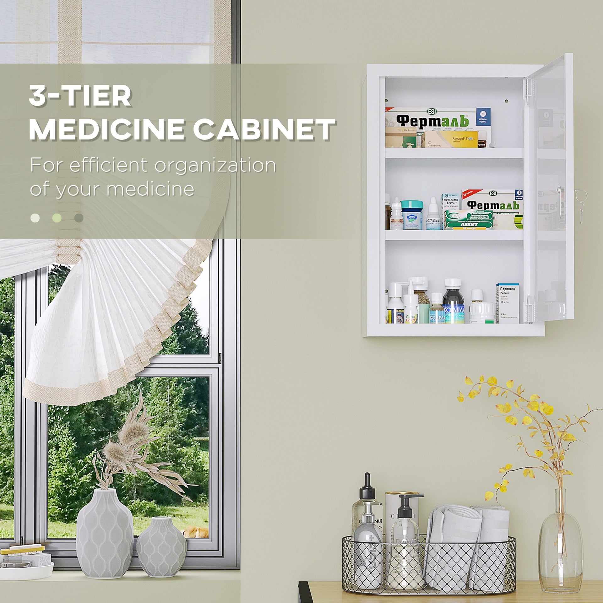 kleankin 12" x 18" Lockable Medicine Cabinet, 3 Tier Steel Medical Wall Box with 2 Keys and Shelves for Bathroom, White
