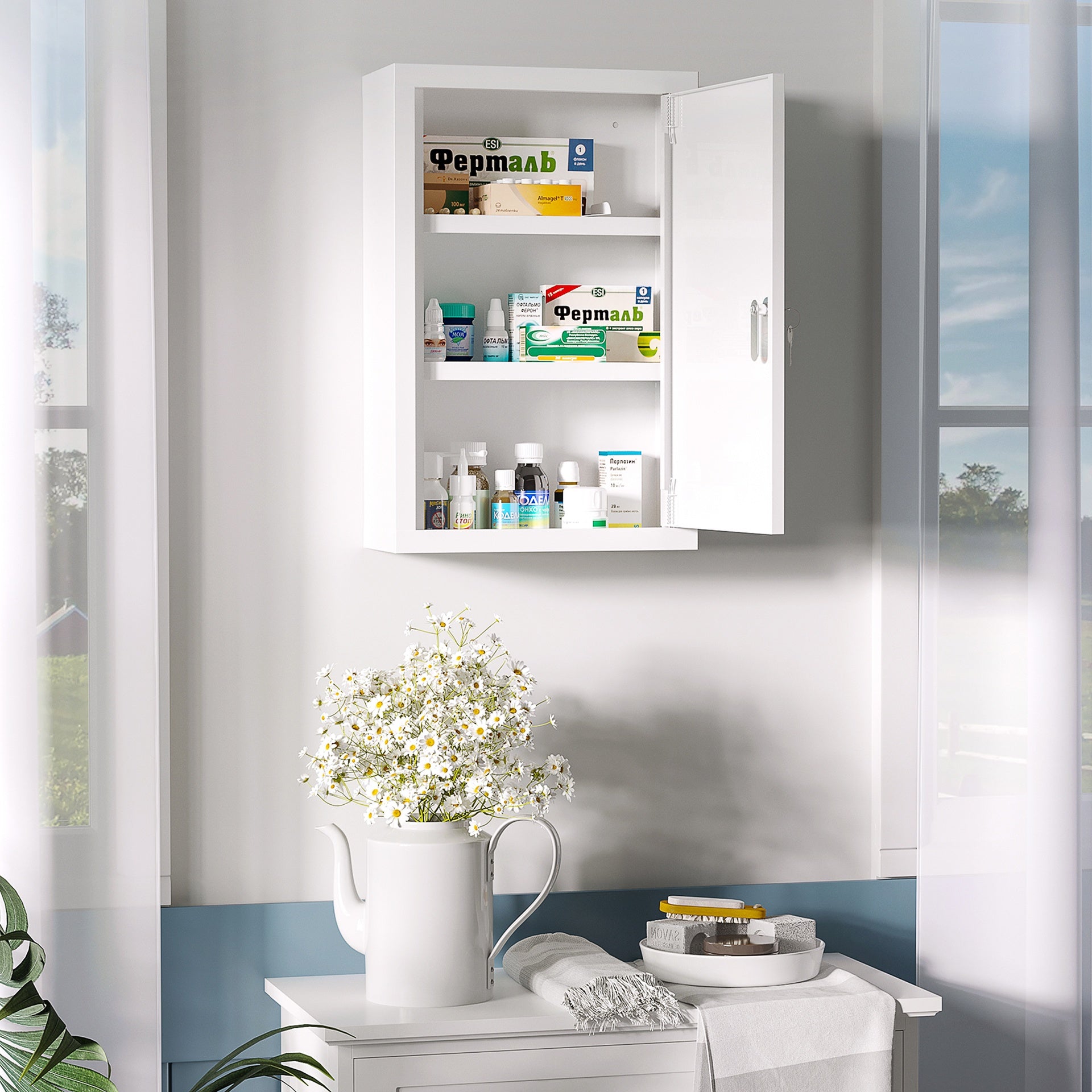 kleankin 12" x 18" Lockable Medicine Cabinet, 3 Tier Steel Medical Wall Box with 2 Keys and Shelves for Bathroom, White