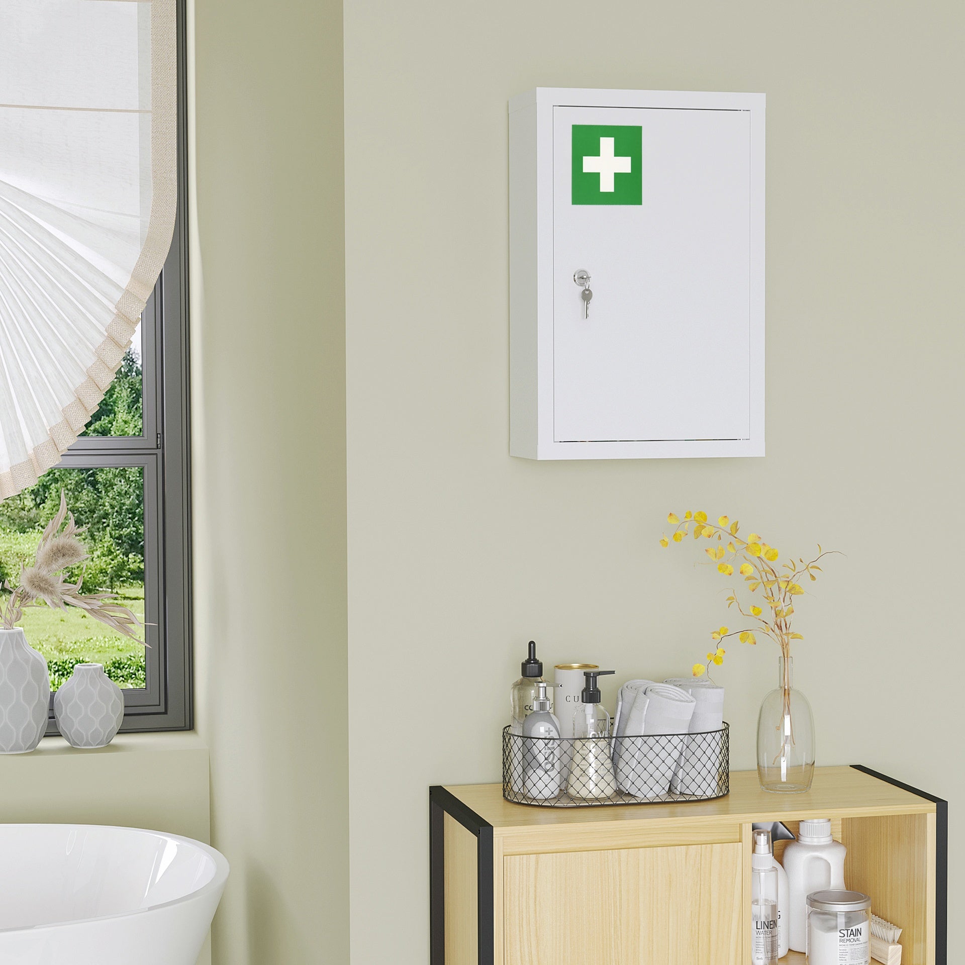 kleankin 12" x 18" Lockable Medicine Cabinet, 3 Tier Steel Medical Wall Box with 2 Keys and Shelves for Bathroom, White